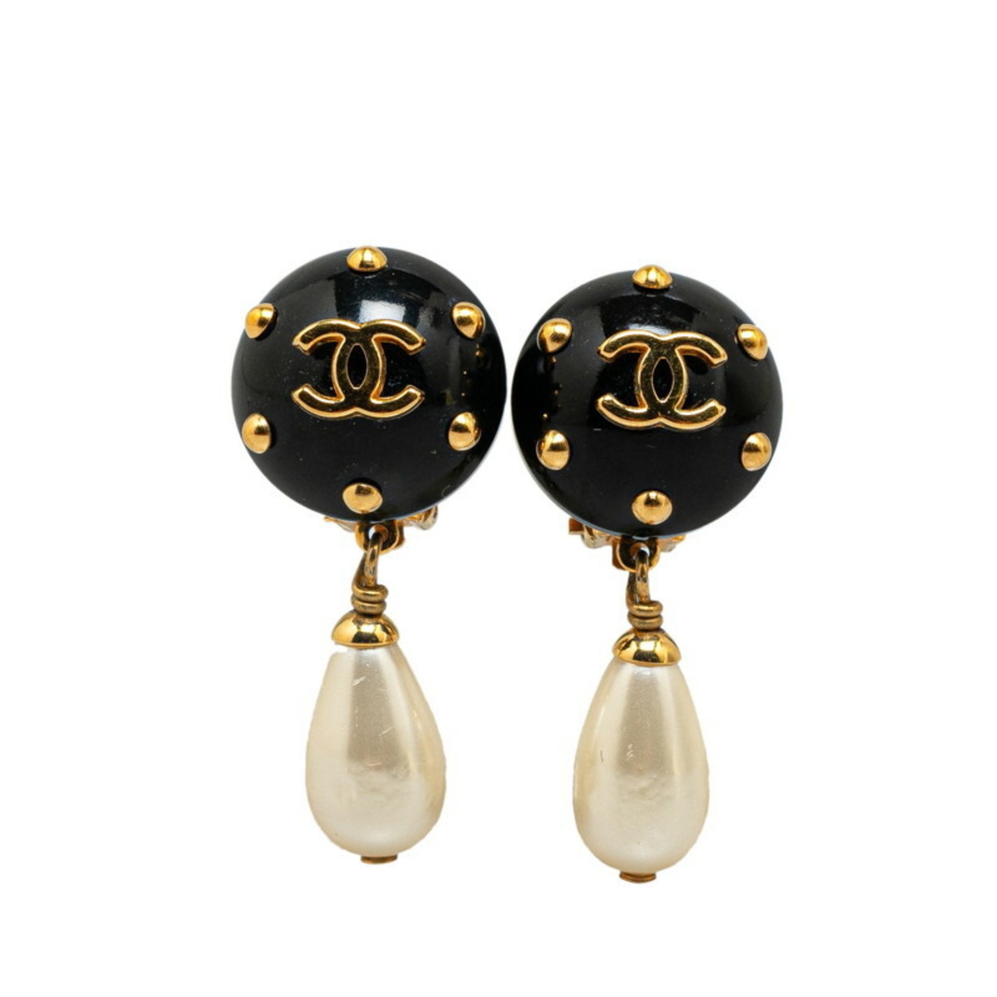 Chanel Coco Mark Fake Pearl Earrings Black Gold Plated Women's CHANEL