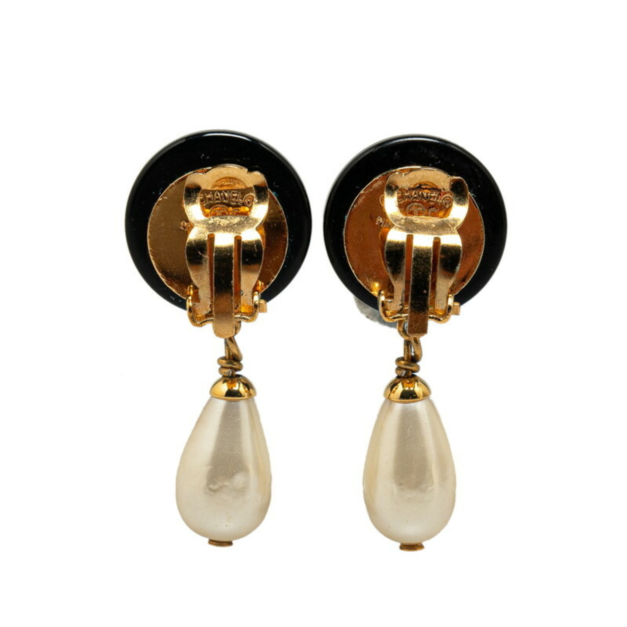 Chanel Coco Mark Fake Pearl Earrings Black Gold Plated Women's CHANEL