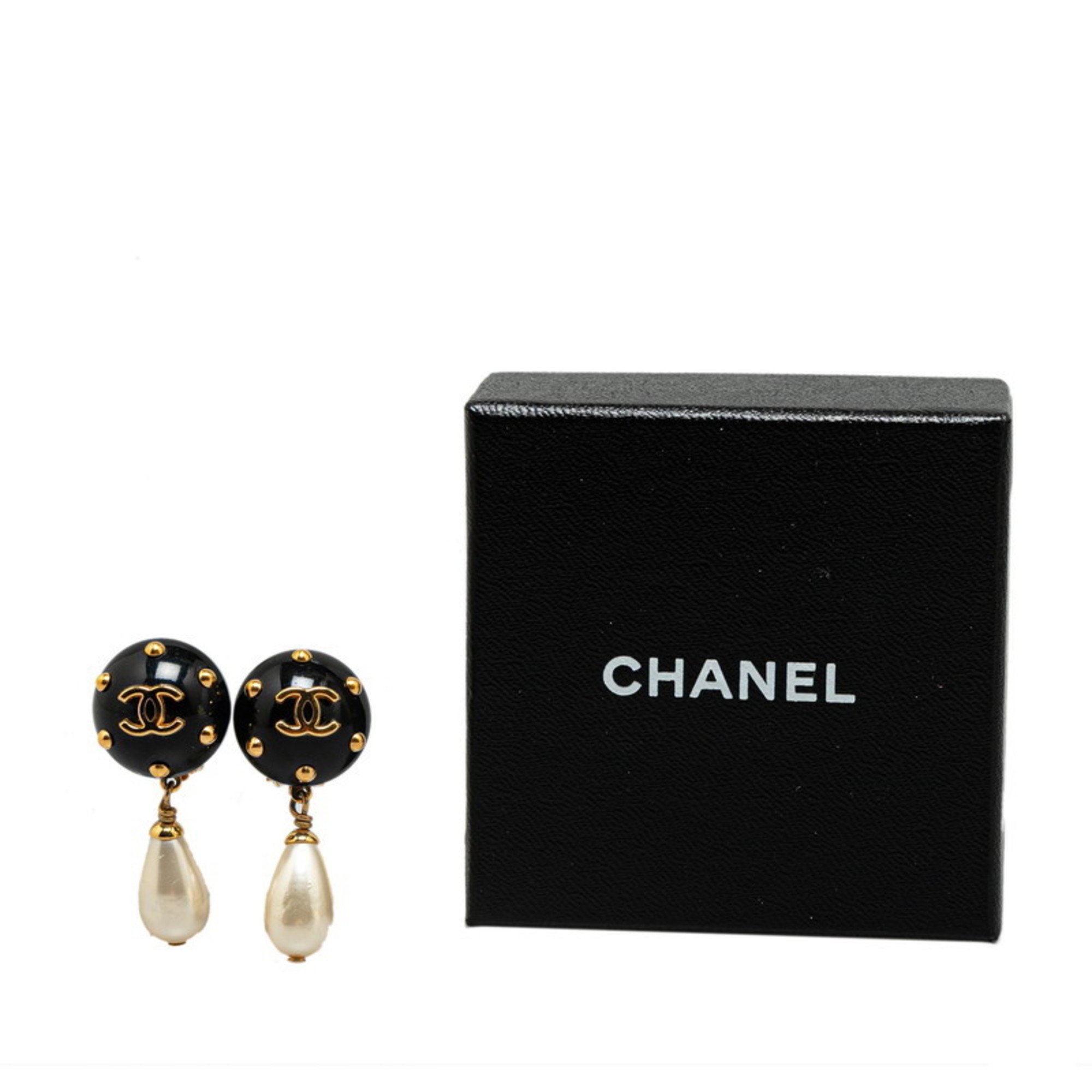 Chanel Coco Mark Fake Pearl Earrings Black Gold Plated Women's CHANEL