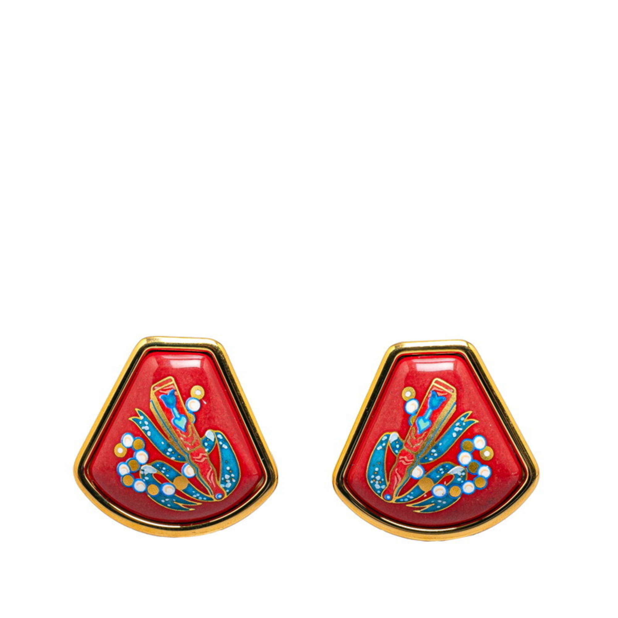 Hermes enamel cloisonné earrings gold red multi-color plated women's HERMES