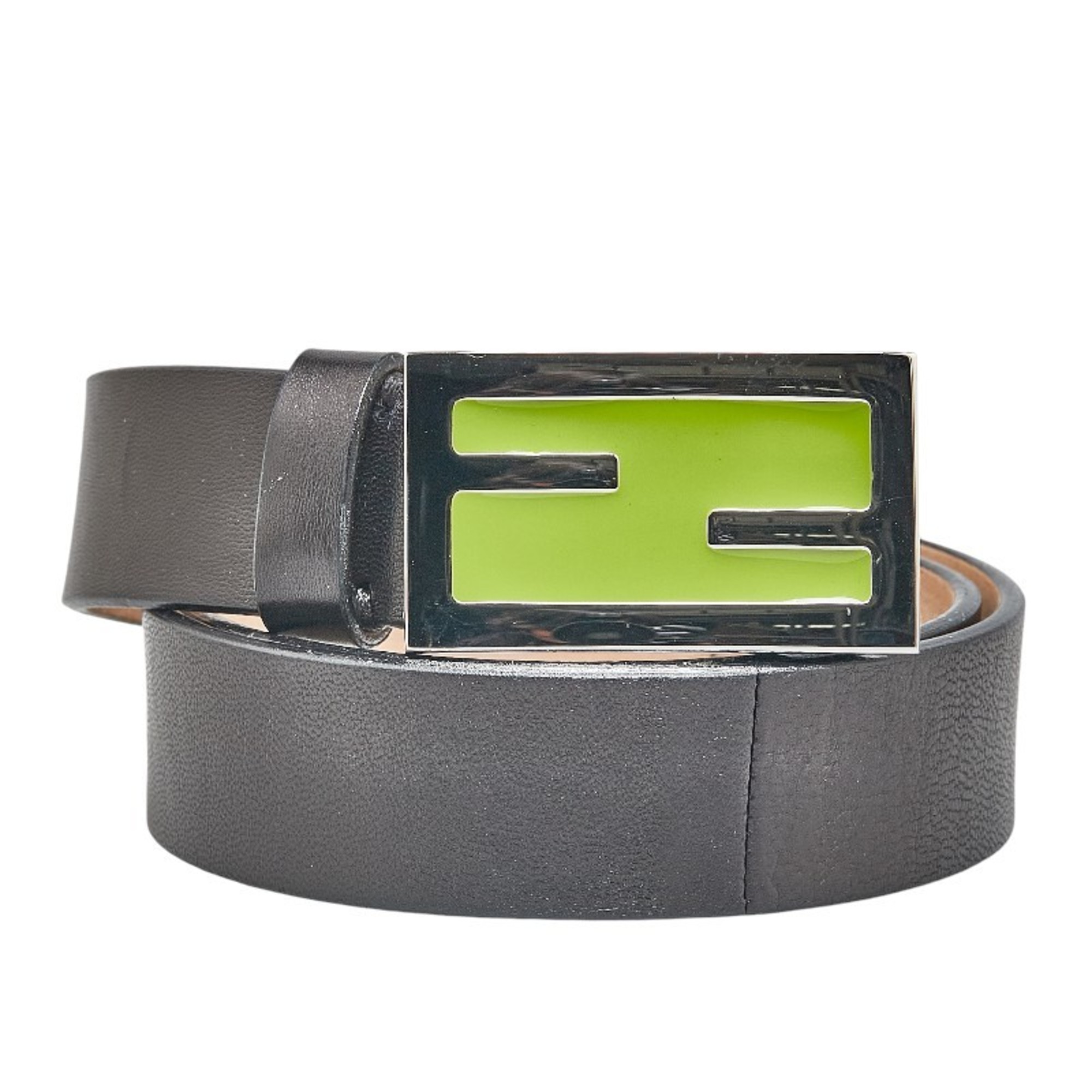 FENDI Belt 38 Black Silver Green Leather Men's