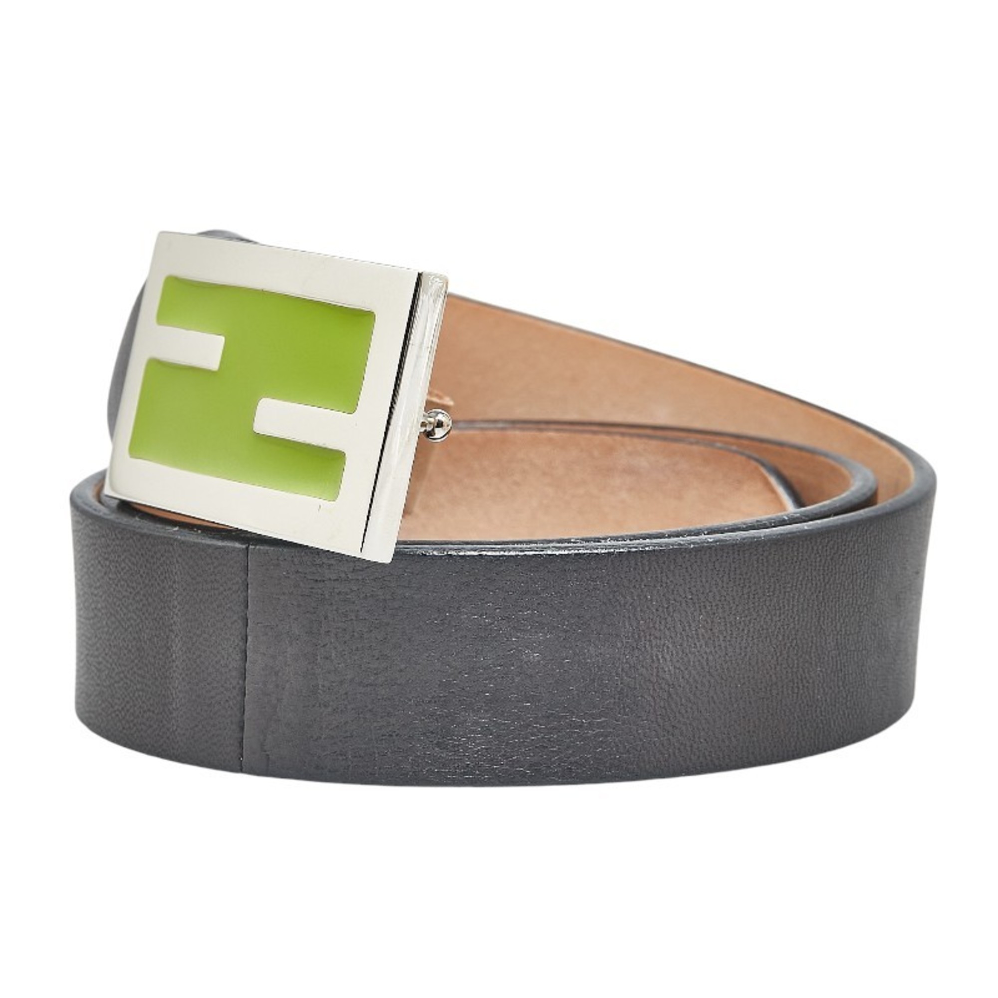 FENDI Belt 38 Black Silver Green Leather Men's