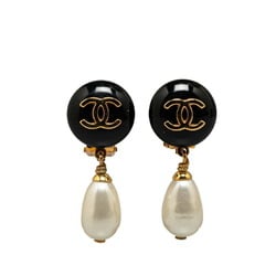 Chanel Coco Mark Faux Pearl Swing Earrings Gold Black Plated Women's CHANEL