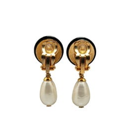 Chanel Coco Mark Faux Pearl Swing Earrings Gold Black Plated Women's CHANEL