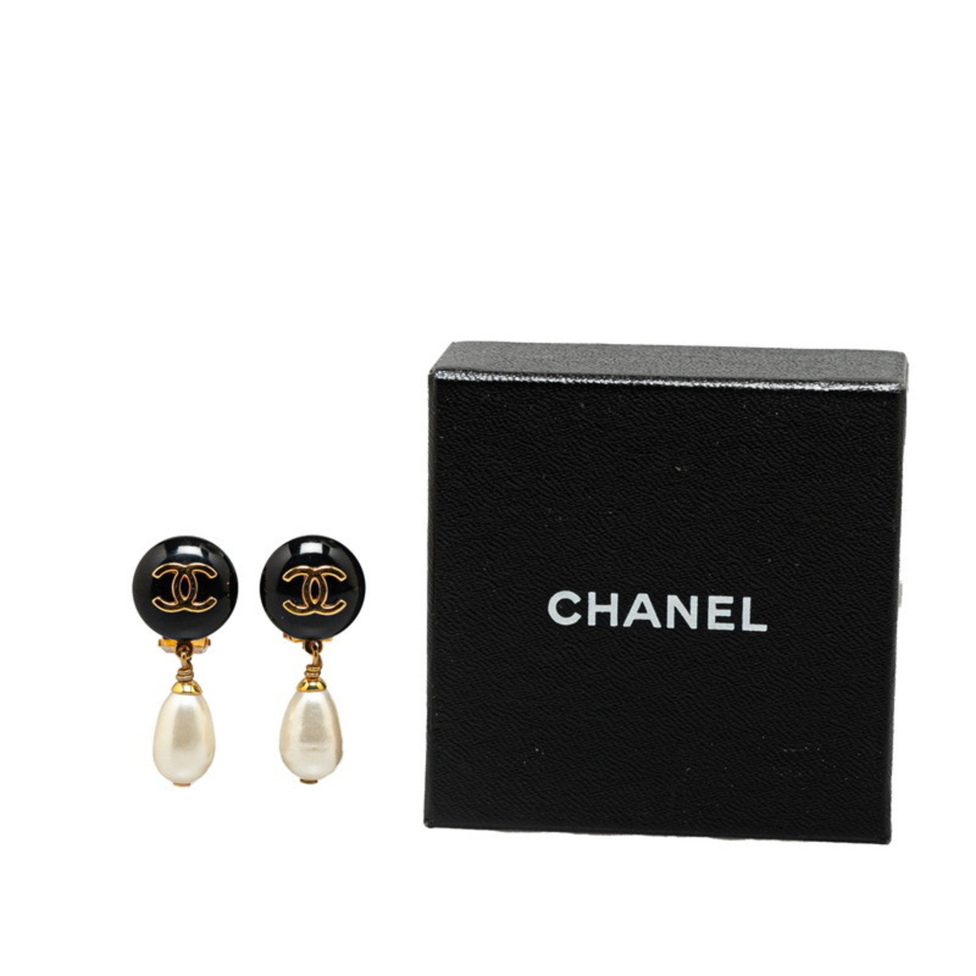 Chanel Coco Mark Faux Pearl Swing Earrings Gold Black Plated Women's CHANEL