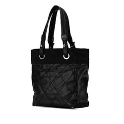 CHANEL Paris Biarritz PM Tote Bag Shoulder A34208 Black Leather Canvas Women's