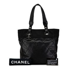 CHANEL Paris Biarritz PM Tote Bag Shoulder A34208 Black Leather Canvas Women's