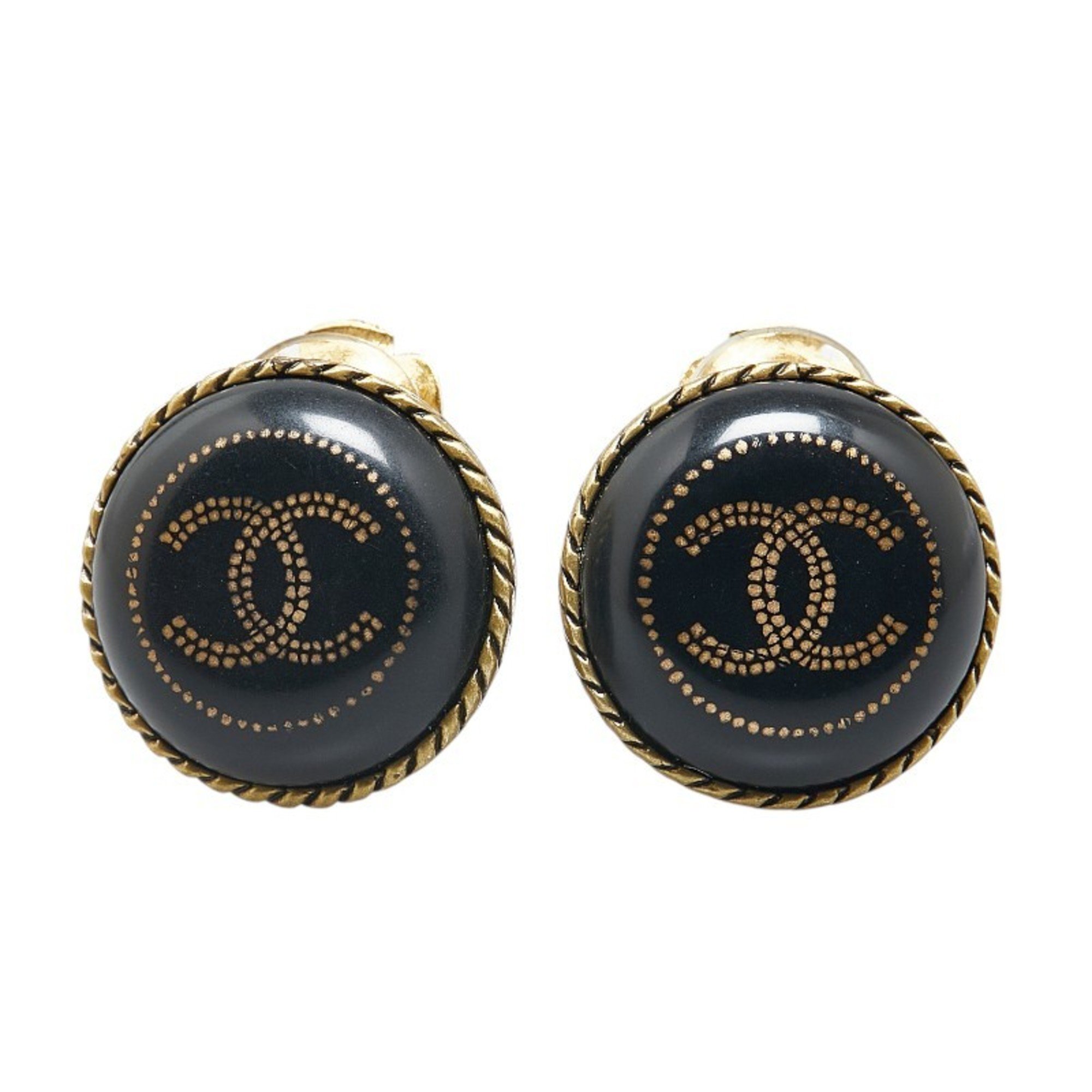 Chanel Coco Mark Earrings Gold Black Plated Women's CHANEL