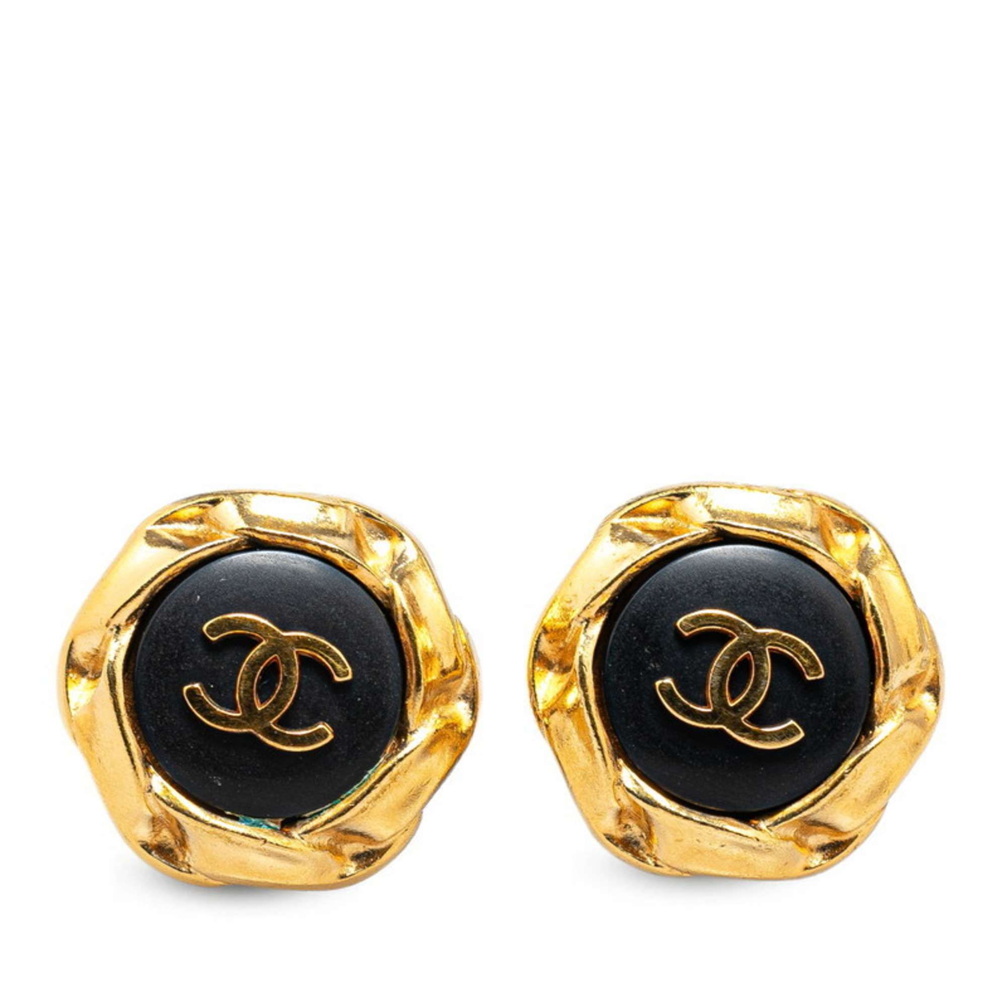 Chanel Coco Mark Earrings Gold Black Plated Women's CHANEL