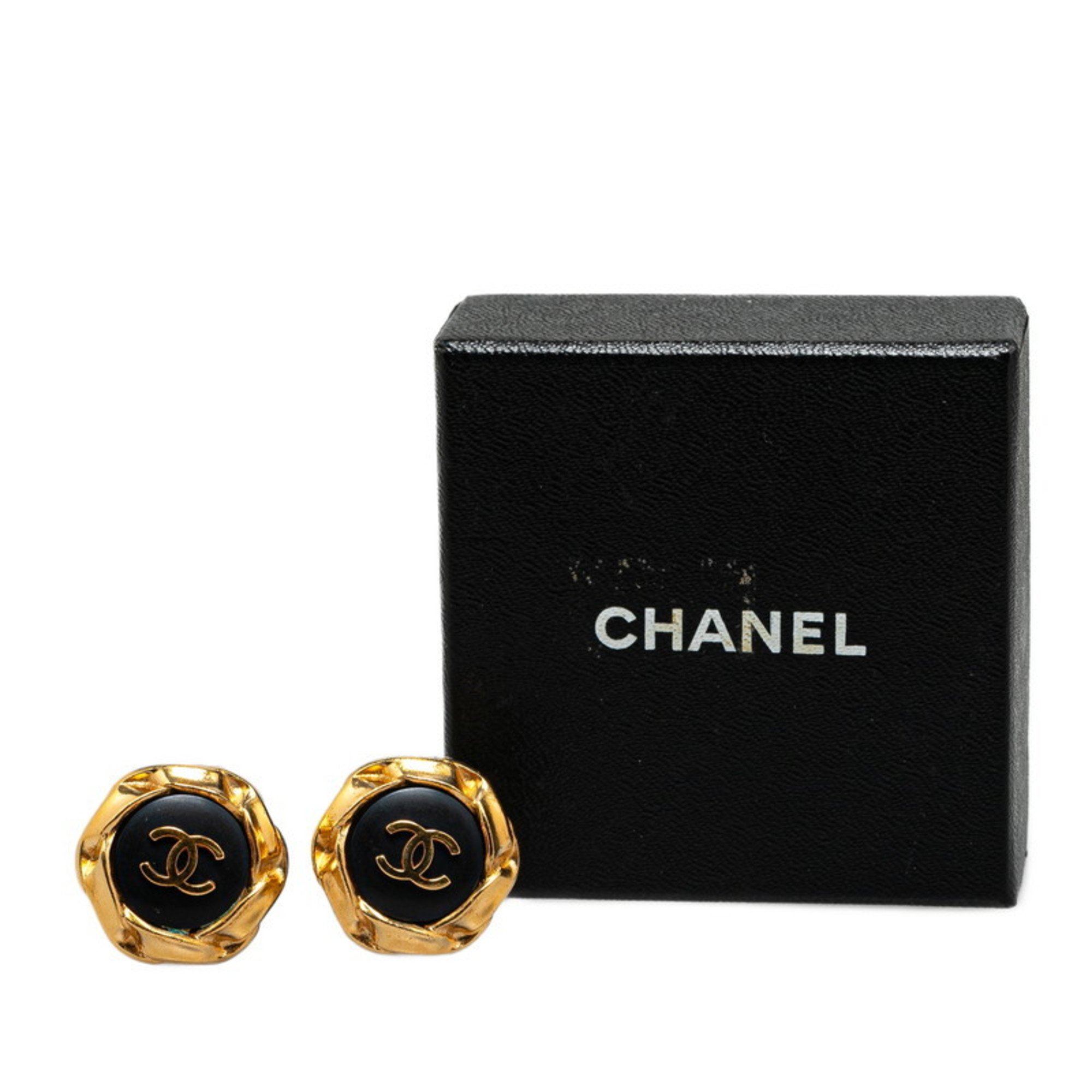 Chanel Coco Mark Earrings Gold Black Plated Women's CHANEL