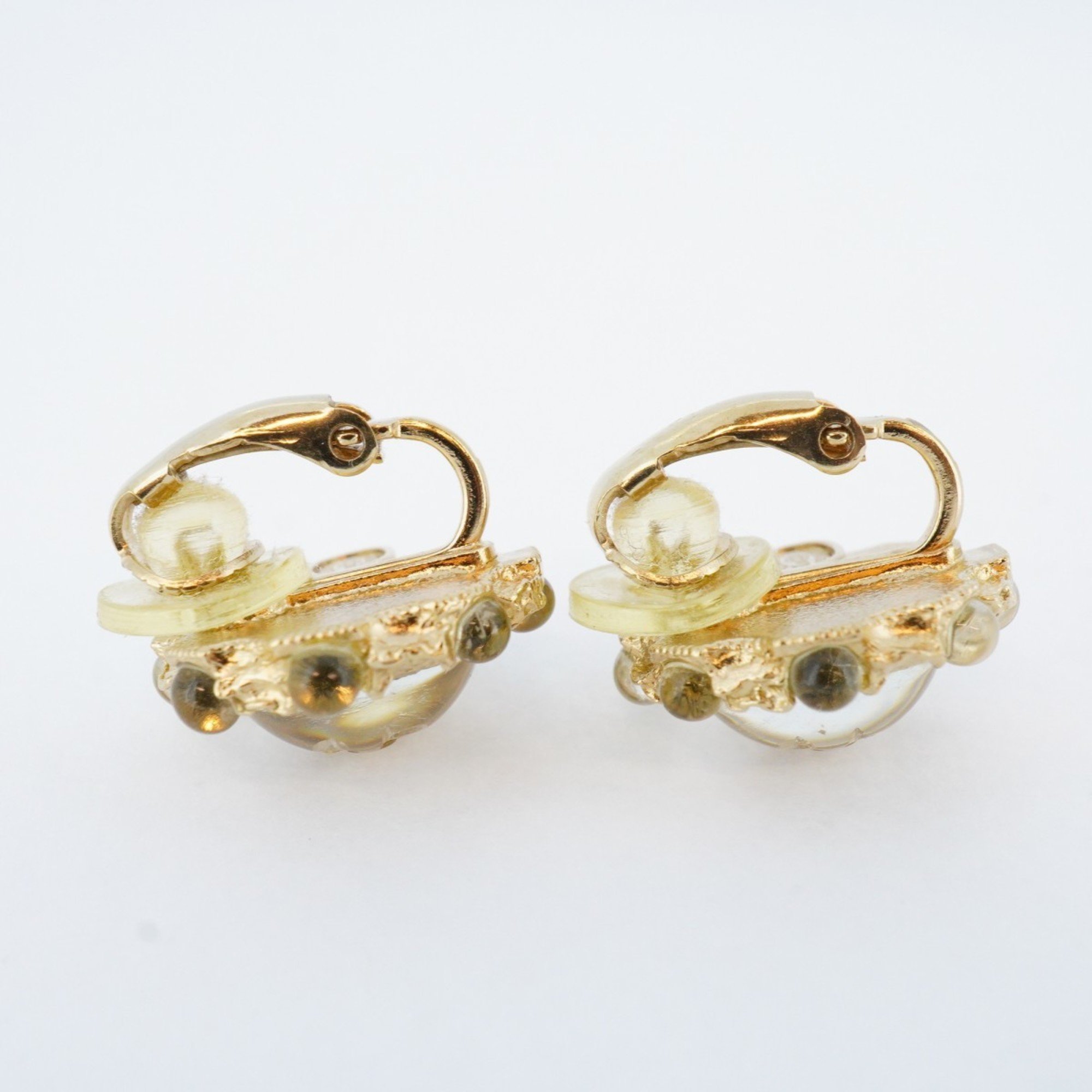 Chanel Earrings Coco Mark Stone GP Plated Champagne Gold Clear Ladies