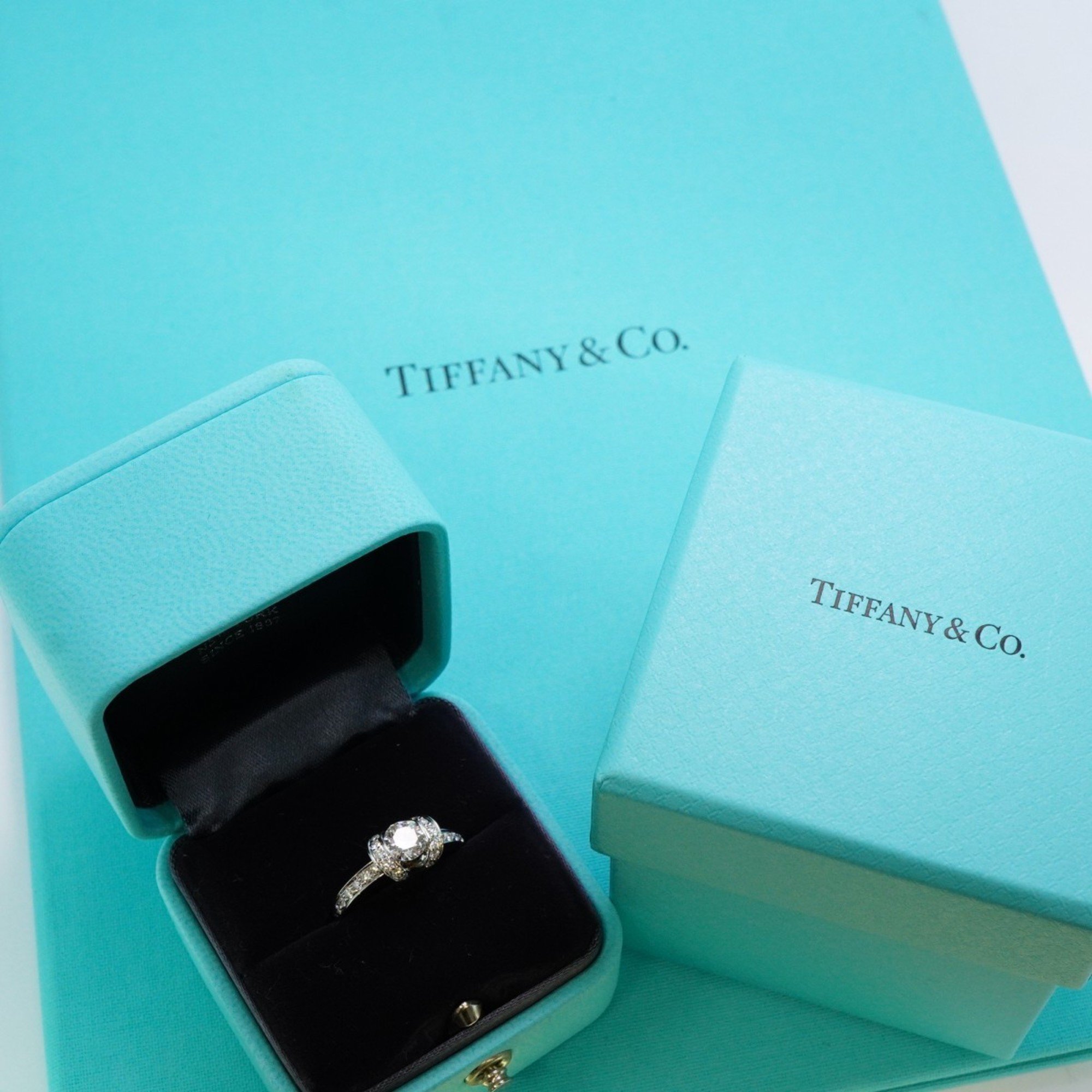 Tiffany Ring Solitaire Ribbon Half Eternity Diamond Pt950 Platinum 0.52ct Size 9 Ladies