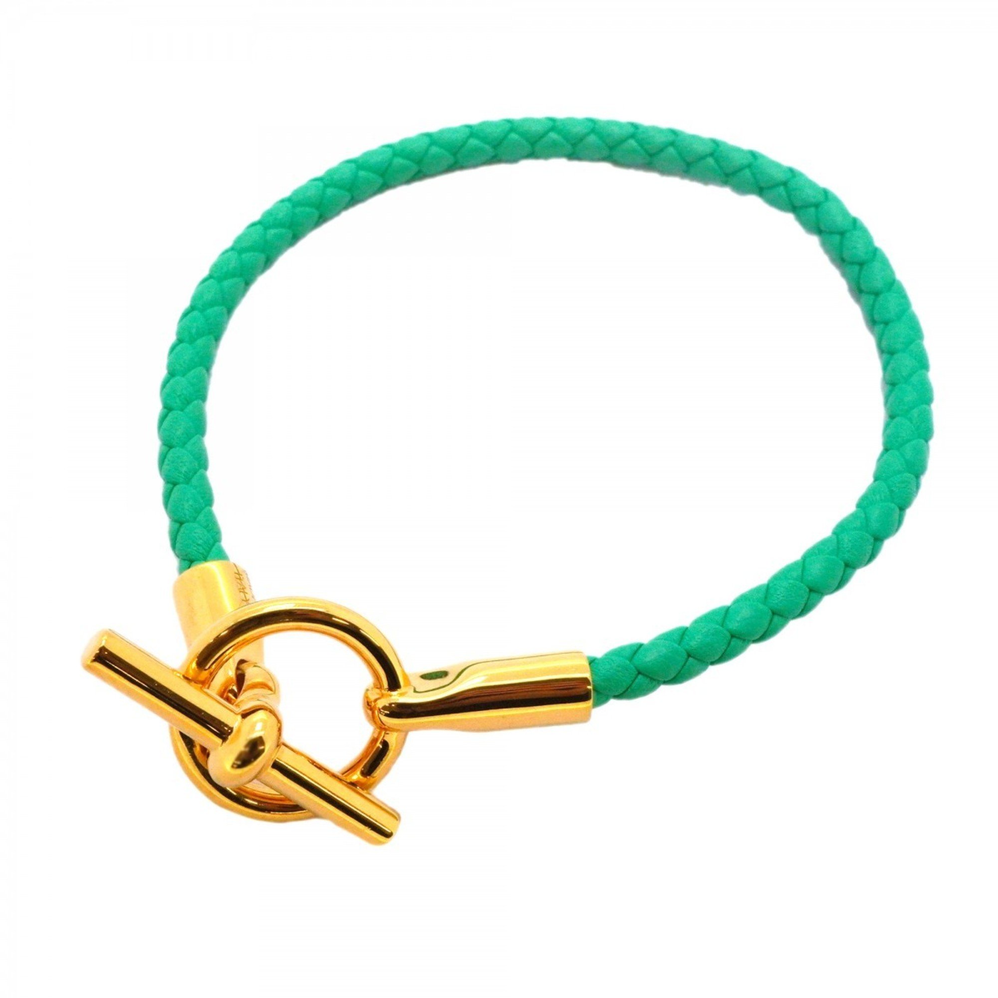 Hermes Bracelet Grennan GP Plated Leather Gold Green Ladies