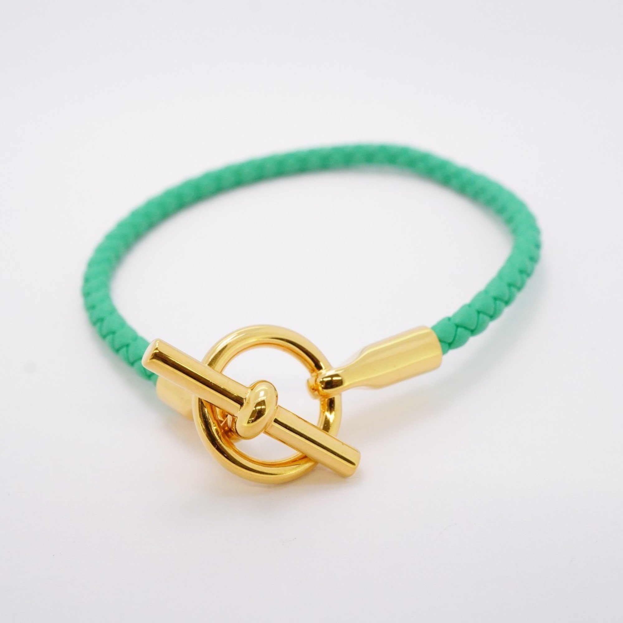 Hermes Bracelet Grennan GP Plated Leather Gold Green Ladies