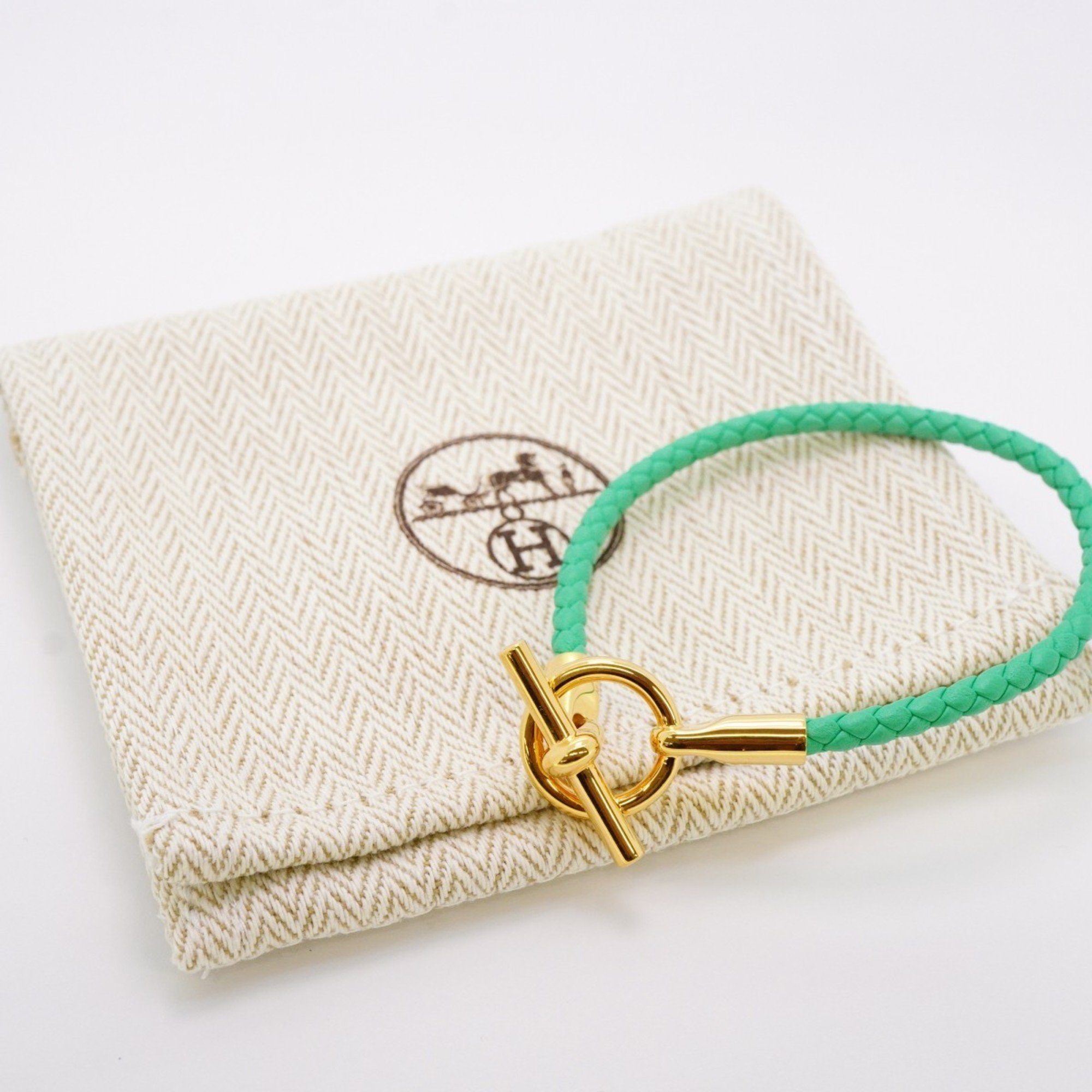 Hermes Bracelet Grennan GP Plated Leather Gold Green Ladies