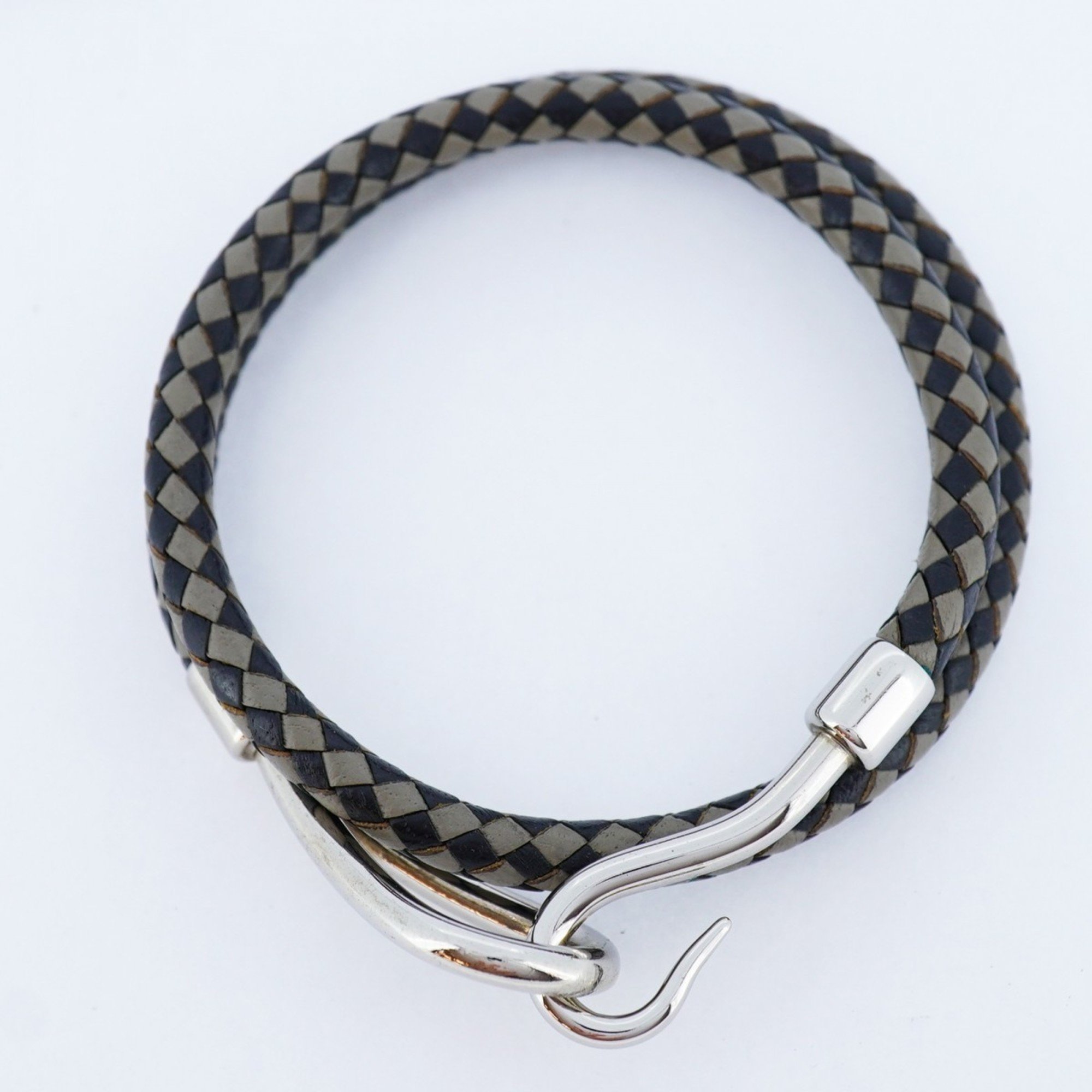 Hermes Bracelet Jumbo Hook Metal Leather Silver Black Grey Ladies