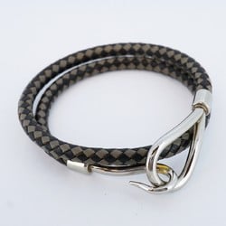 Hermes Bracelet Jumbo Hook Metal Leather Silver Black Grey Ladies