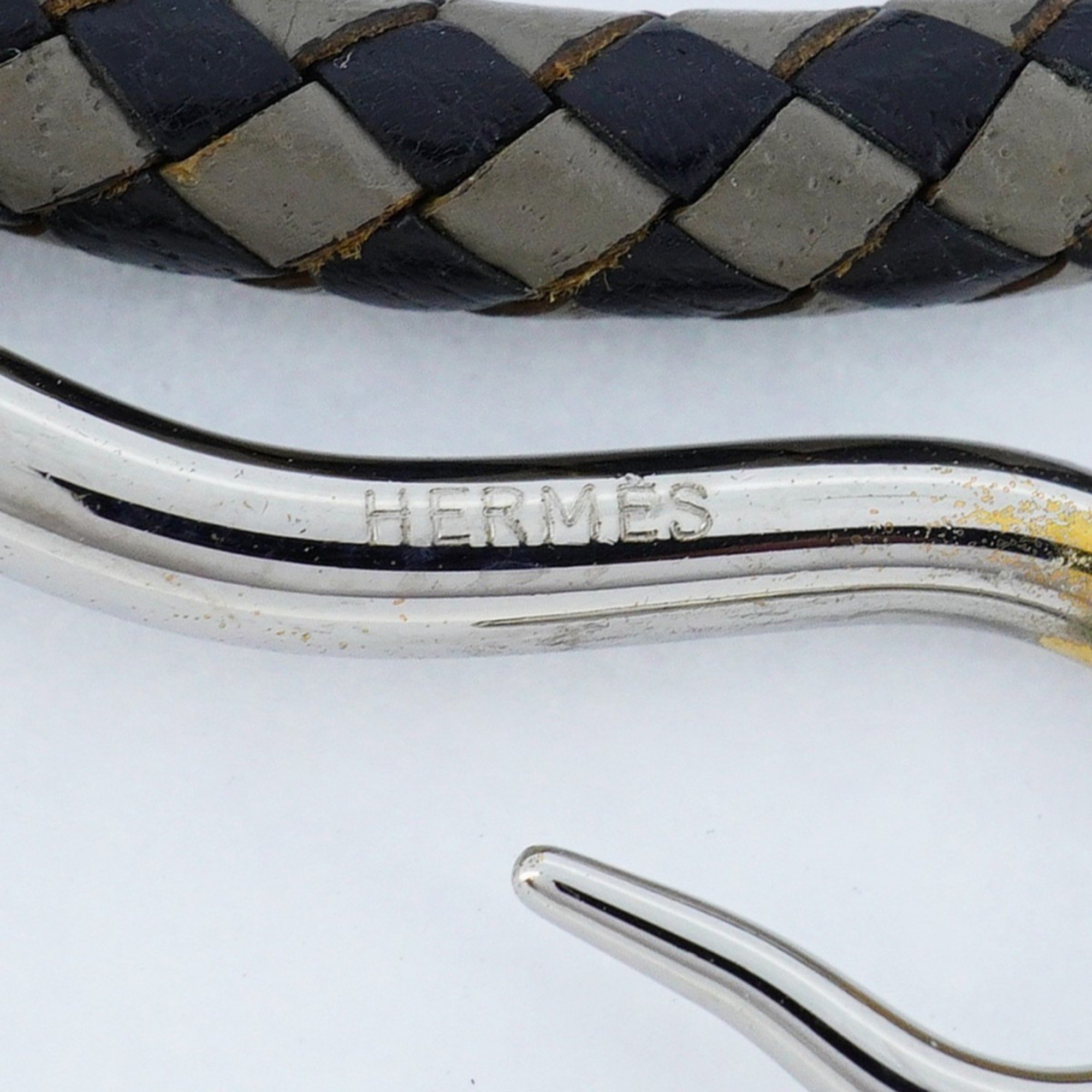 Hermes Bracelet Jumbo Hook Metal Leather Silver Black Grey Ladies