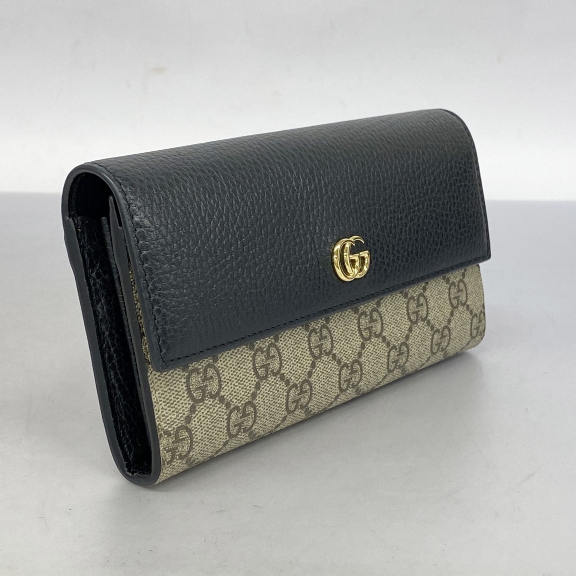 Gucci Long Wallet GG Marmont Supreme 456116 Leather Brown Black Women's