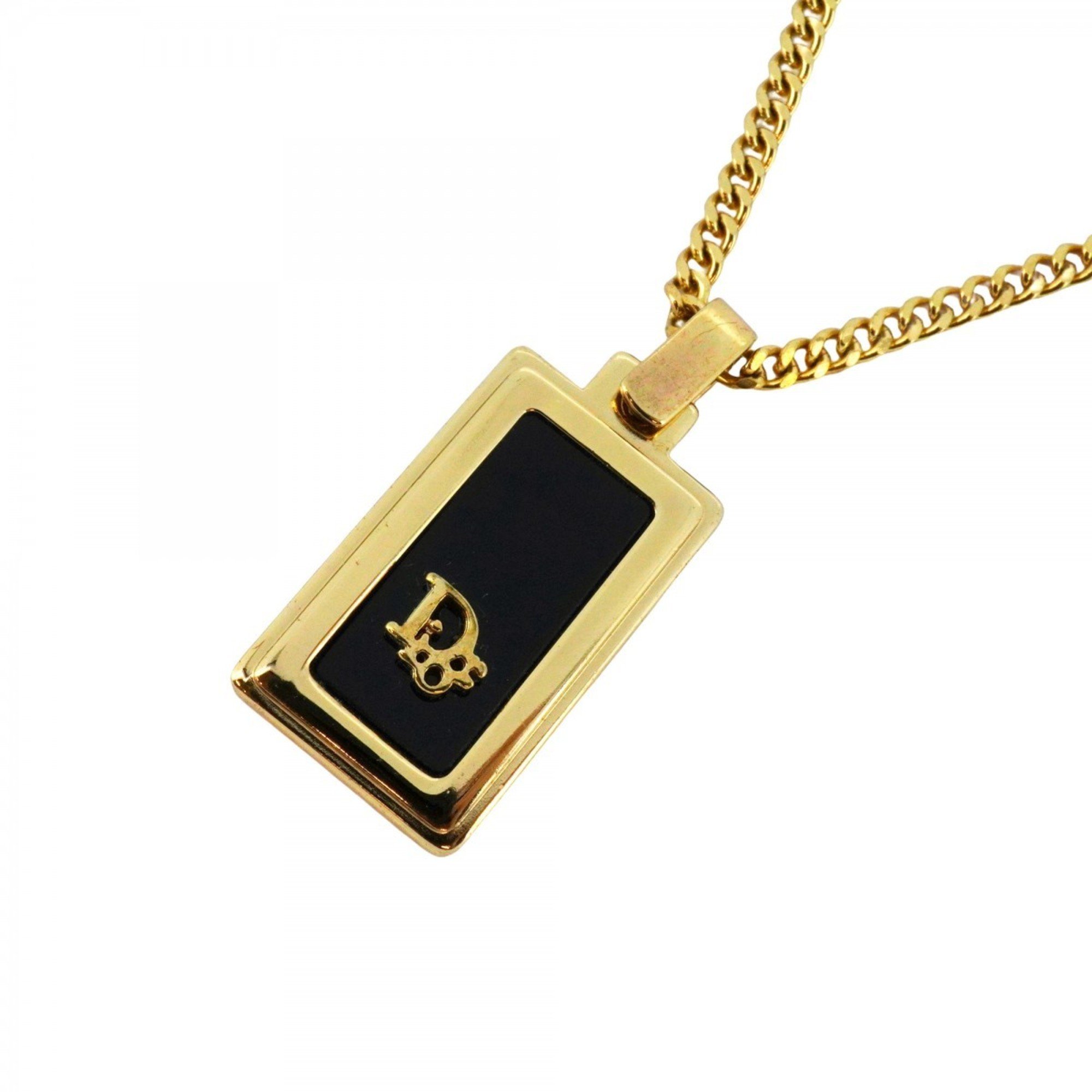 Christian Dior Necklace Plate GP Plated Gold Black Ladies