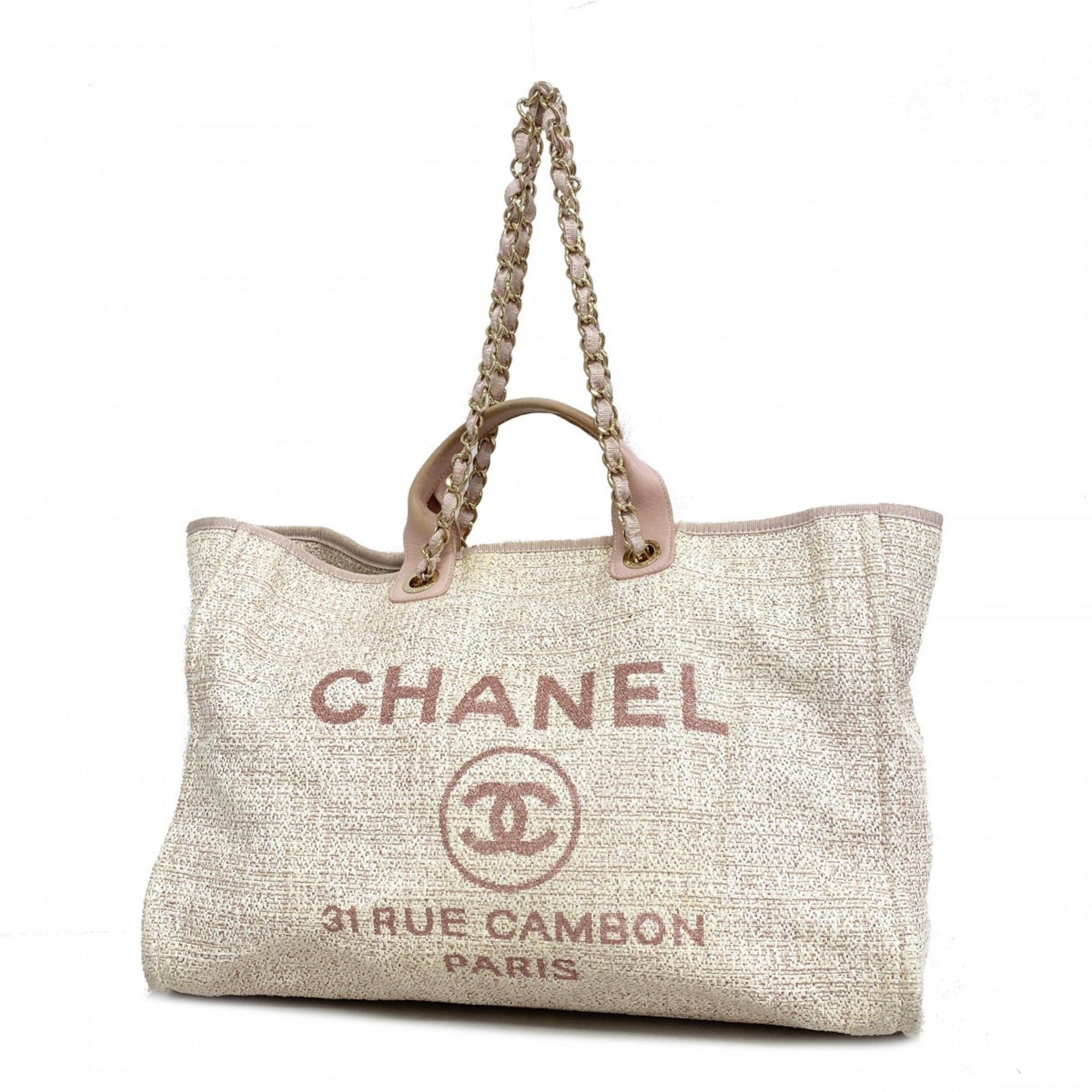 Chanel Tote Bag Deauville Tweed Pink Champagne Ladies