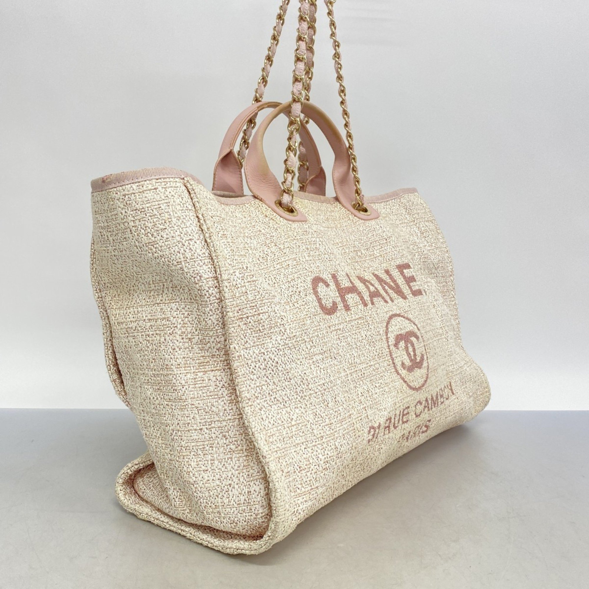 Chanel Tote Bag Deauville Tweed Pink Champagne Ladies