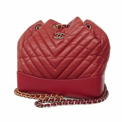 Chanel Backpack Daypack V-Stitch Leather Red Gold Women's