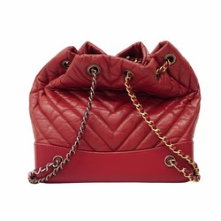 Chanel Backpack Daypack V-Stitch Leather Red Gold Women's