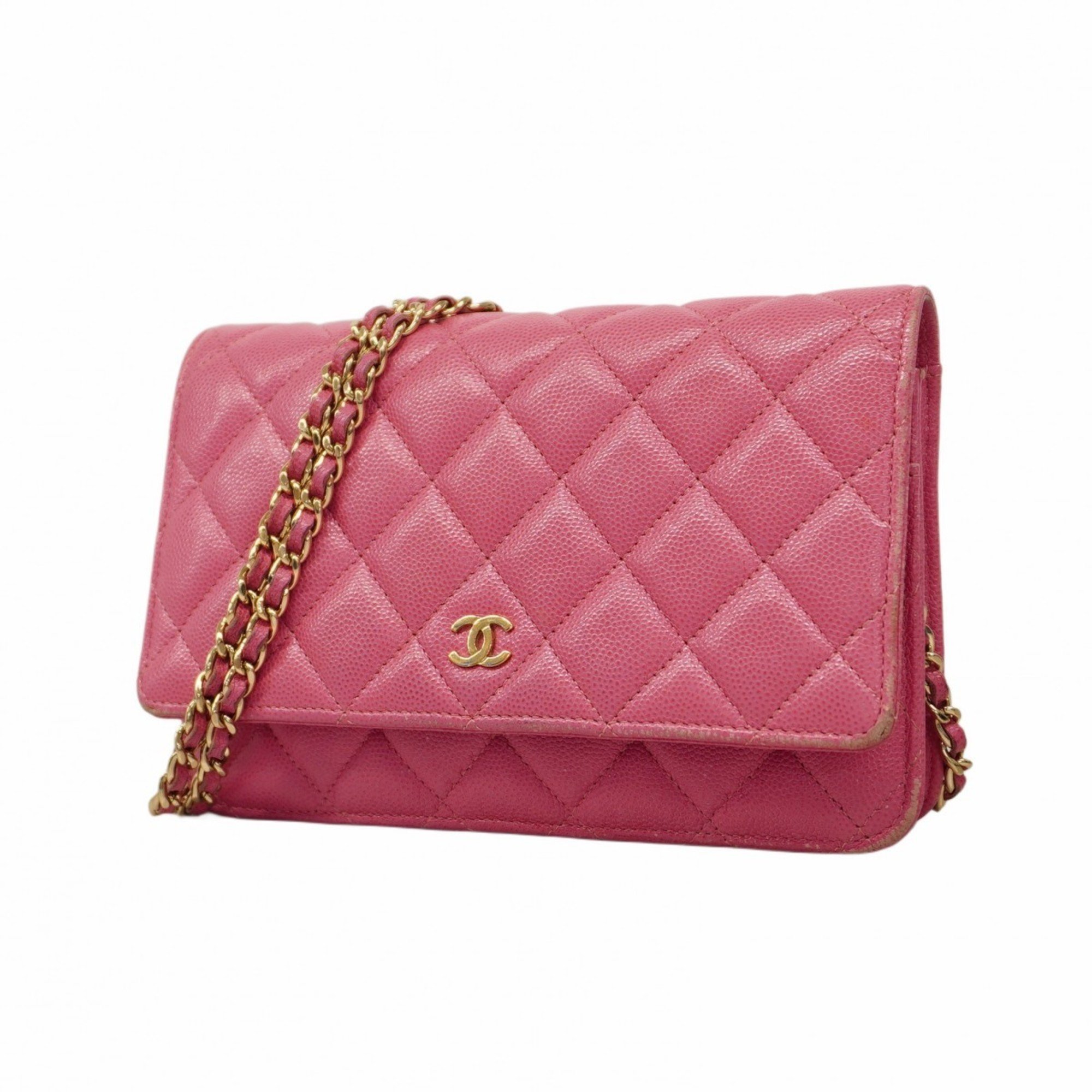 Chanel Shoulder Wallet Matelasse Caviar Skin Pink Women's