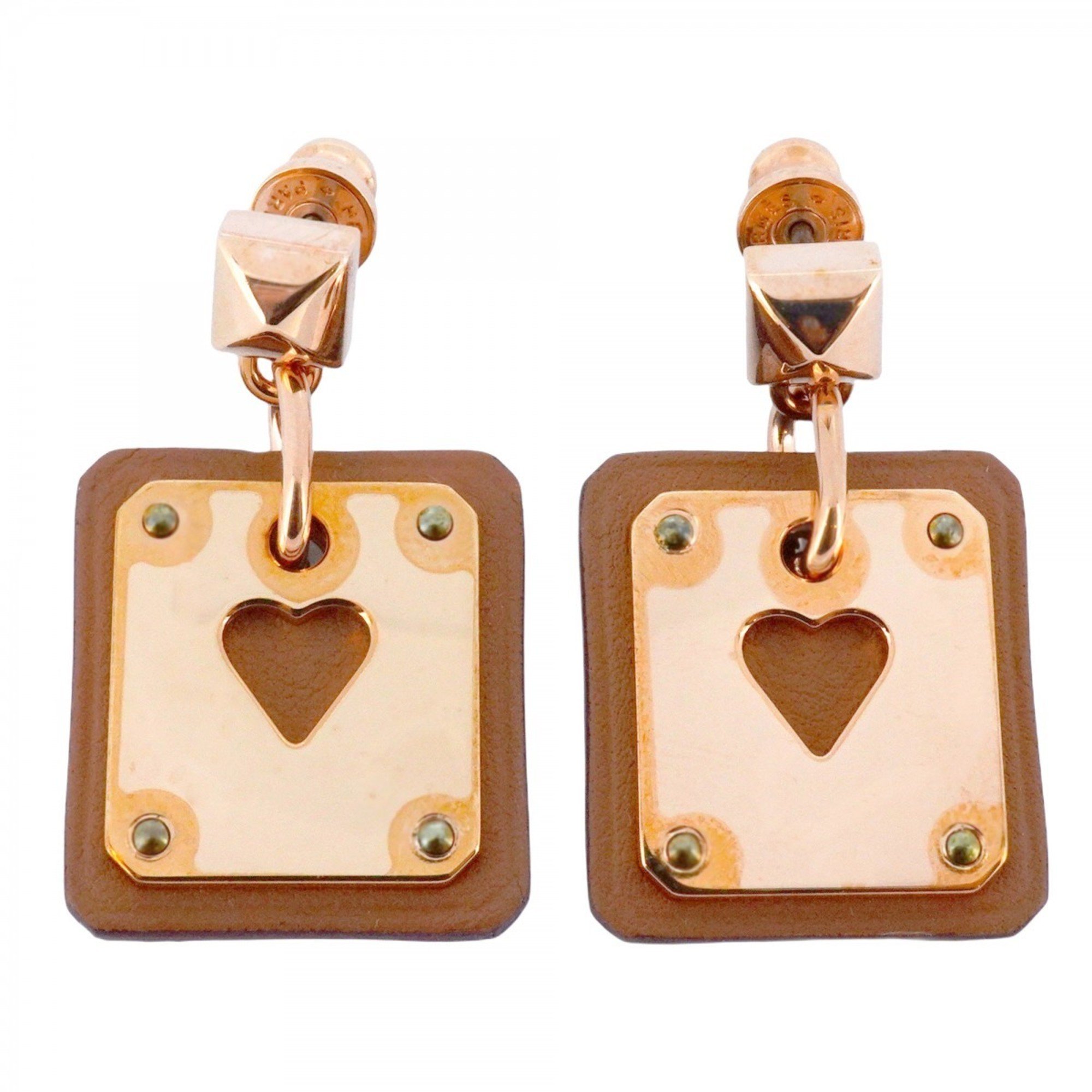 Hermes Earrings Asdukur GP Plated Leather Brown Rose Gold U Stamp Ladies