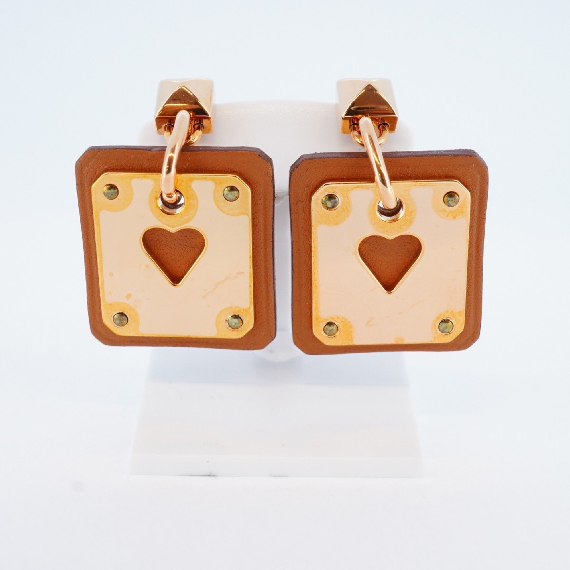 Hermes Earrings Asdukur GP Plated Leather Brown Rose Gold U Stamp Ladies