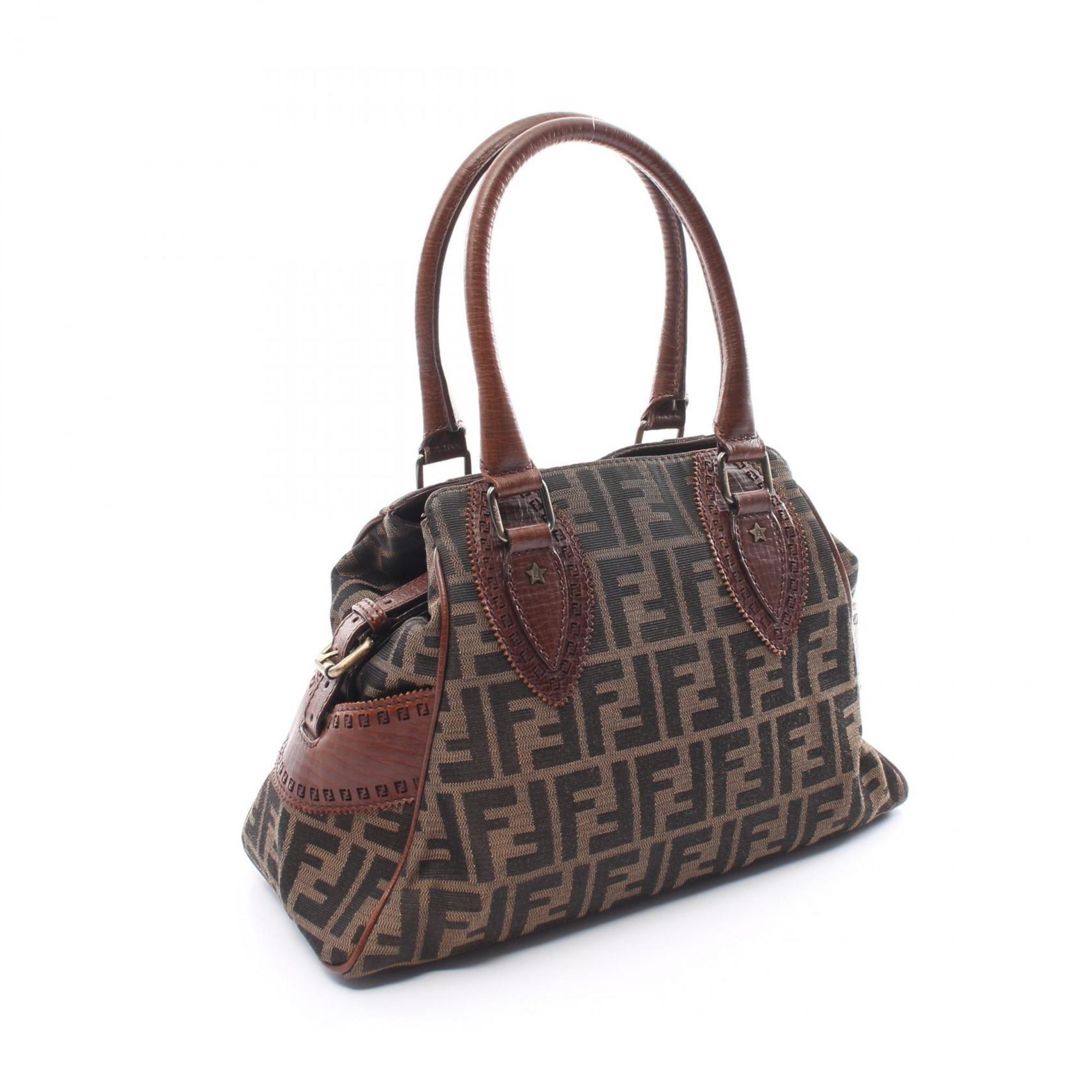 FENDI Ethnico Zucca Handbag Bag Canvas Leather Women's Brown 8BN157