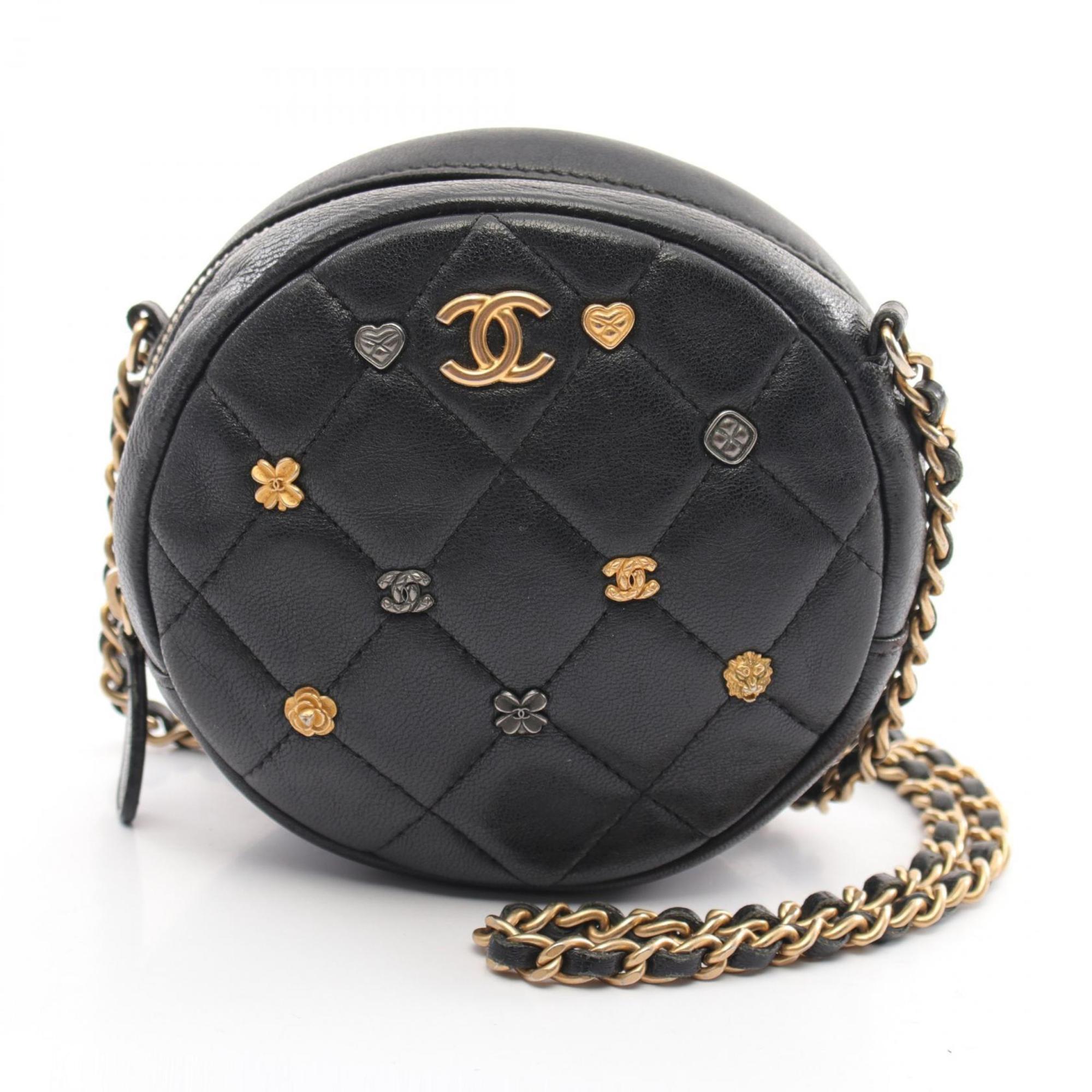 CHANEL Matelasse Lucky Charm Round Shoulder Bag, Lambskin, Women's, Black, A81620