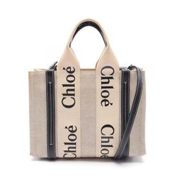 Chloé Chloe WOODY Small Tote Bag Canvas Leather Women's Beige Black