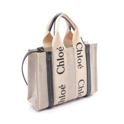 Chloé Chloe WOODY Small Tote Bag Canvas Leather Women's Beige Black