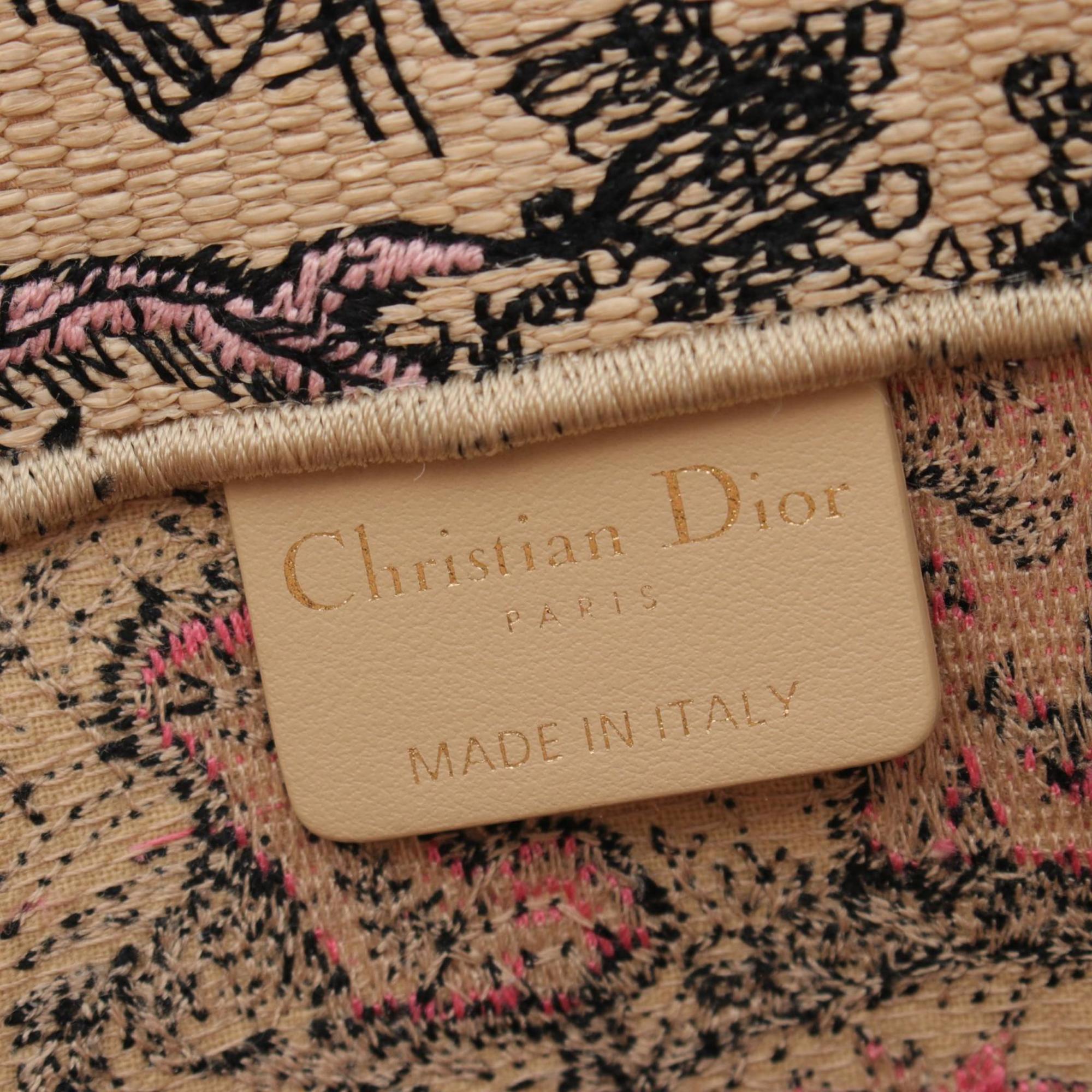 Christian Dior Dior Dioriviera Book Tote Medium Toile de Jouy Sauvage Embroidery Raffia Bag Canvas Women's Beige Pink M1296ZEGO03I