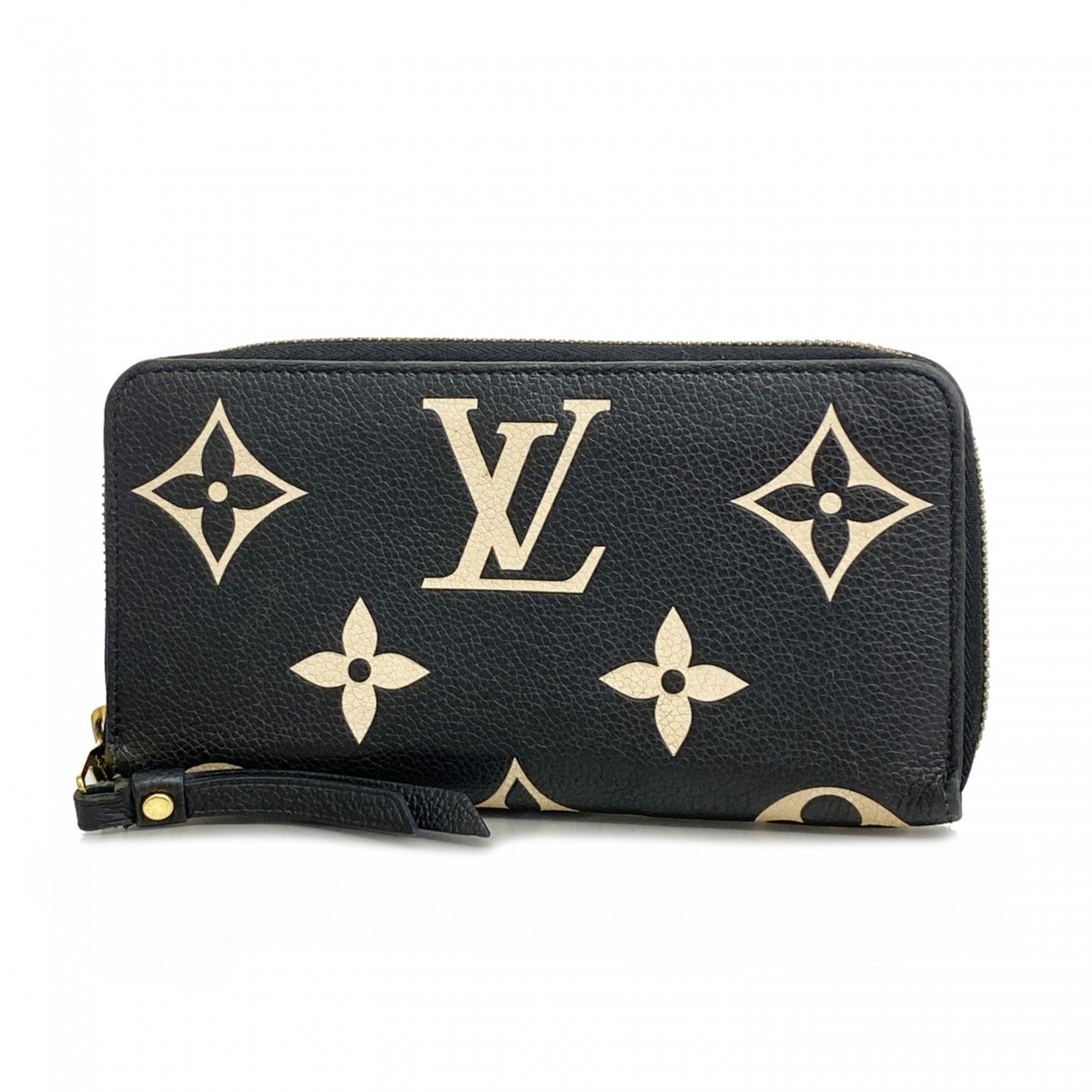 Louis Vuitton Long Wallet Monogram Empreinte Bicolor Zippy M80481 Black Beige Women's