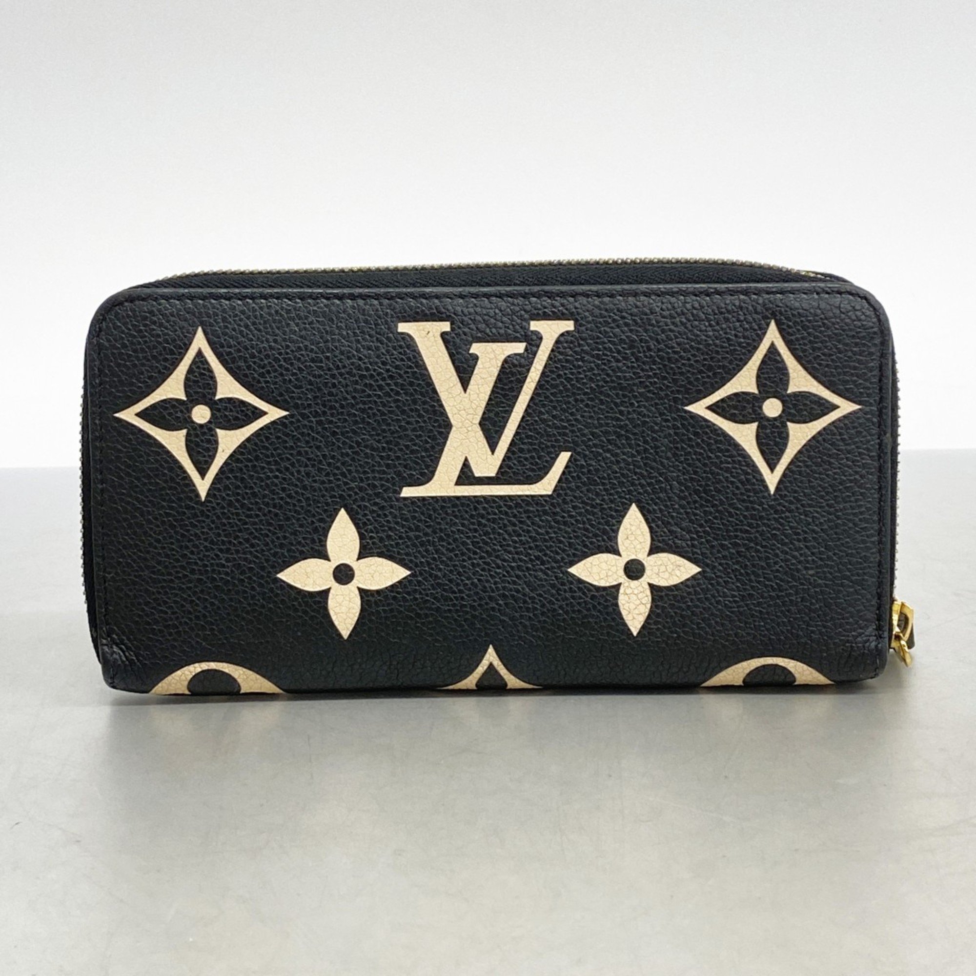 Louis Vuitton Long Wallet Monogram Empreinte Bicolor Zippy M80481 Black Beige Women's