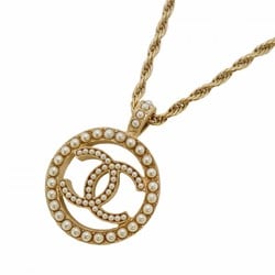 Chanel Necklace Coco Mark Circle Fake Pearl GP Plated Champagne Gold for Women