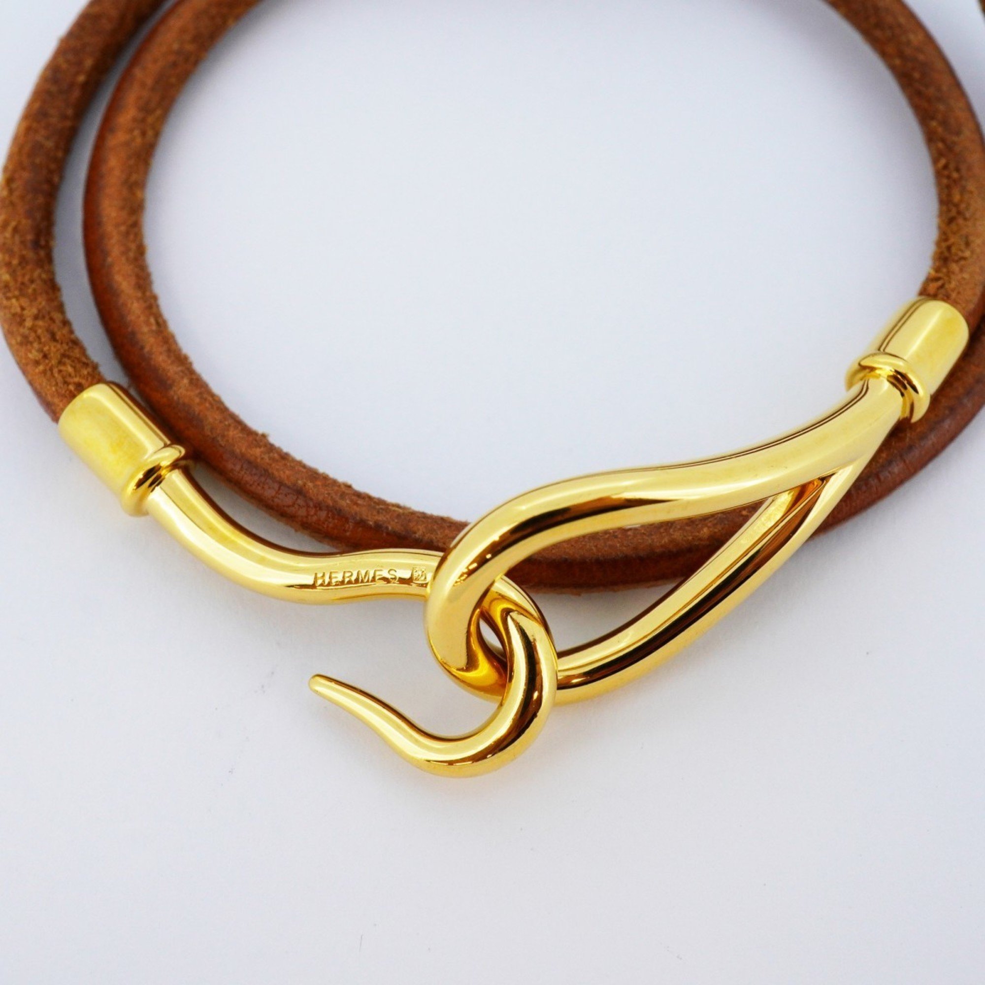 Hermes Bracelet Jumbo Hook GP Plated Leather Gold Brown Men's Women's