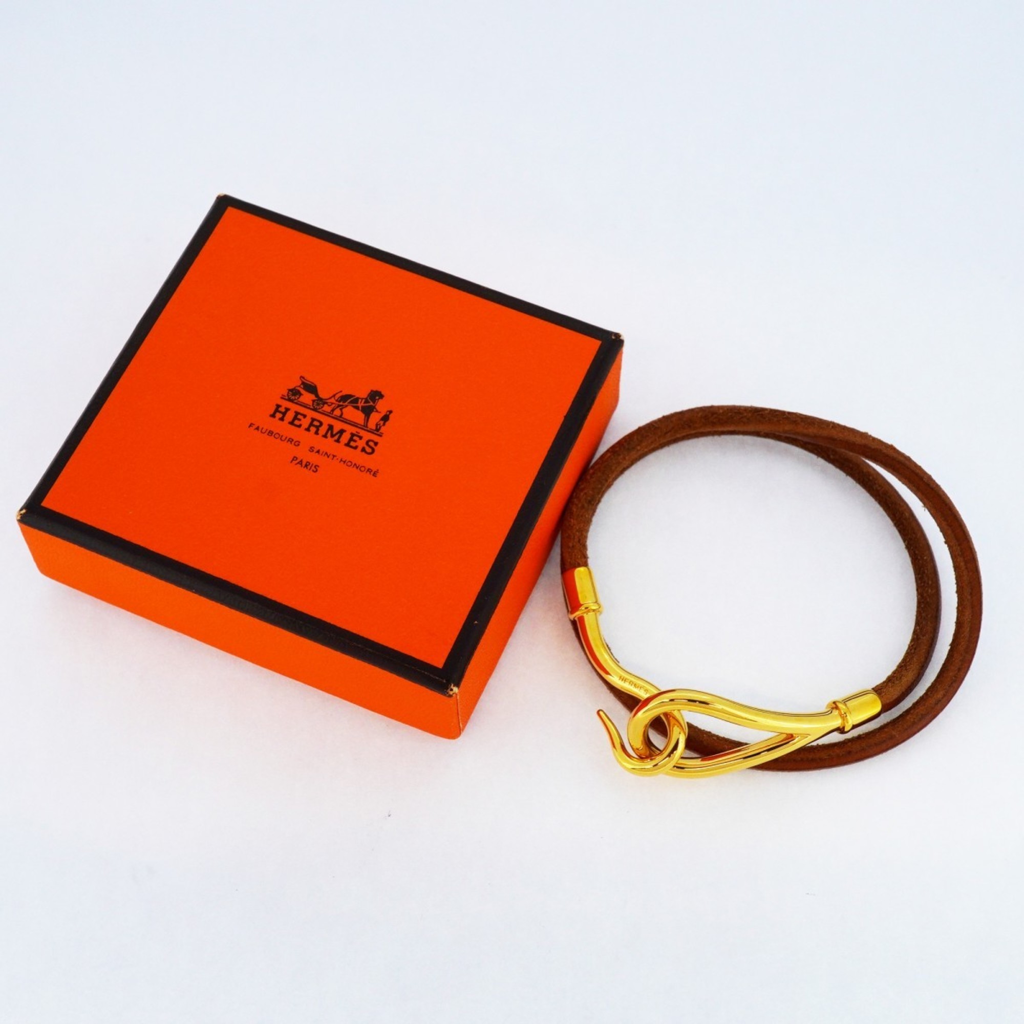 Hermes Bracelet Jumbo Hook GP Plated Leather Gold Brown Men's Women's