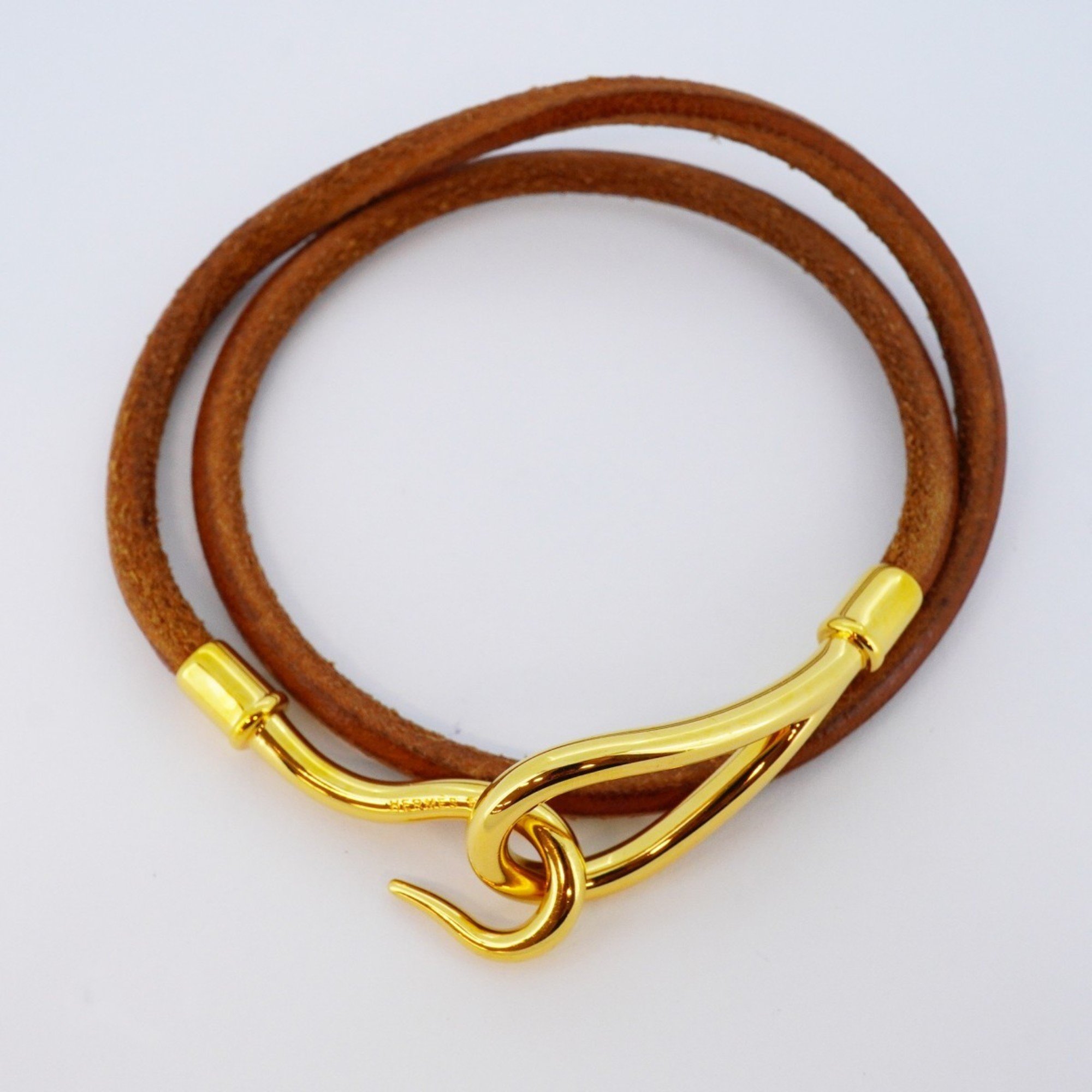 Hermes Bracelet Jumbo Hook GP Plated Leather Gold Brown Men's Women's