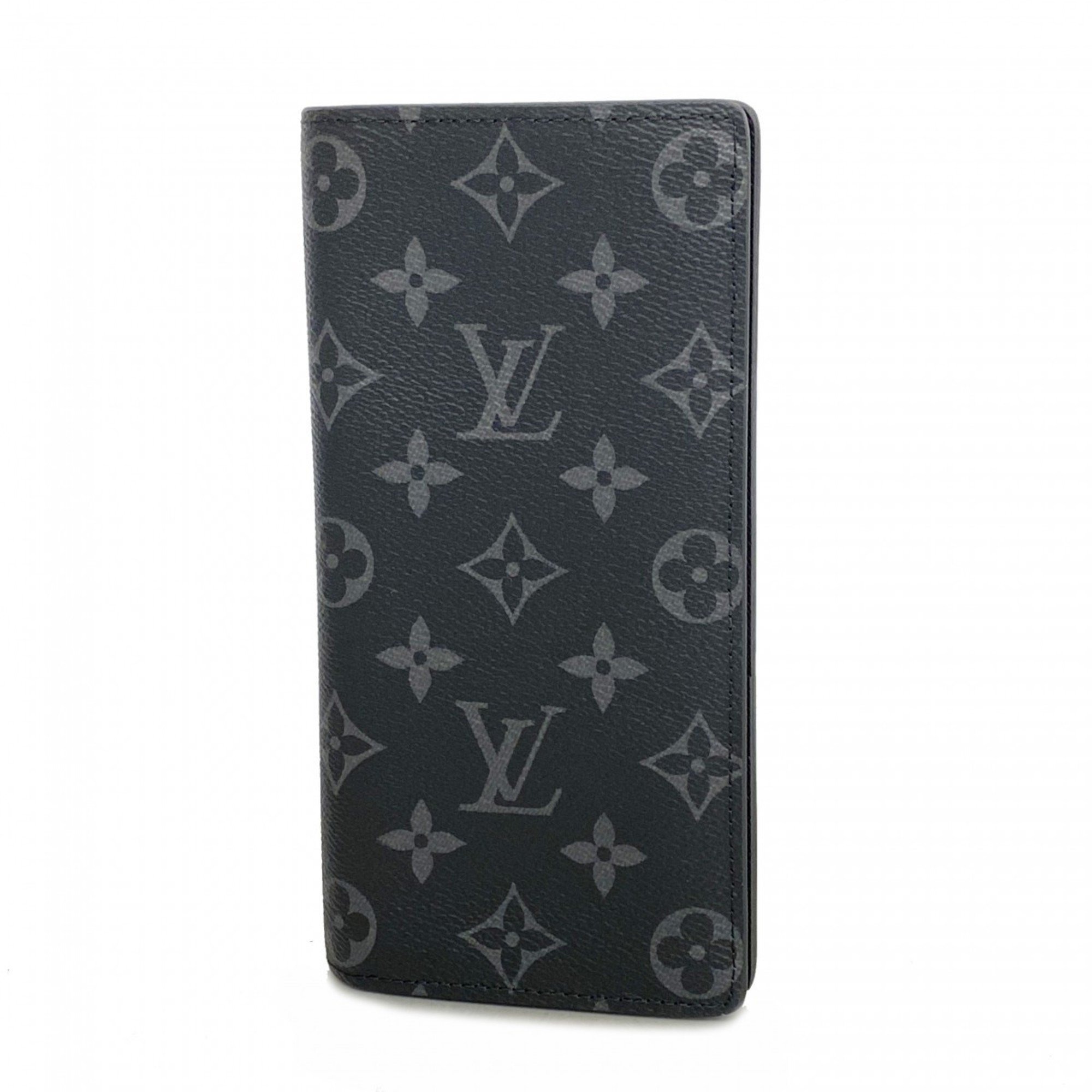 Louis Vuitton Long Wallet Monogram Eclipse Portefeuille Brazza M61697 Black Grey Men's