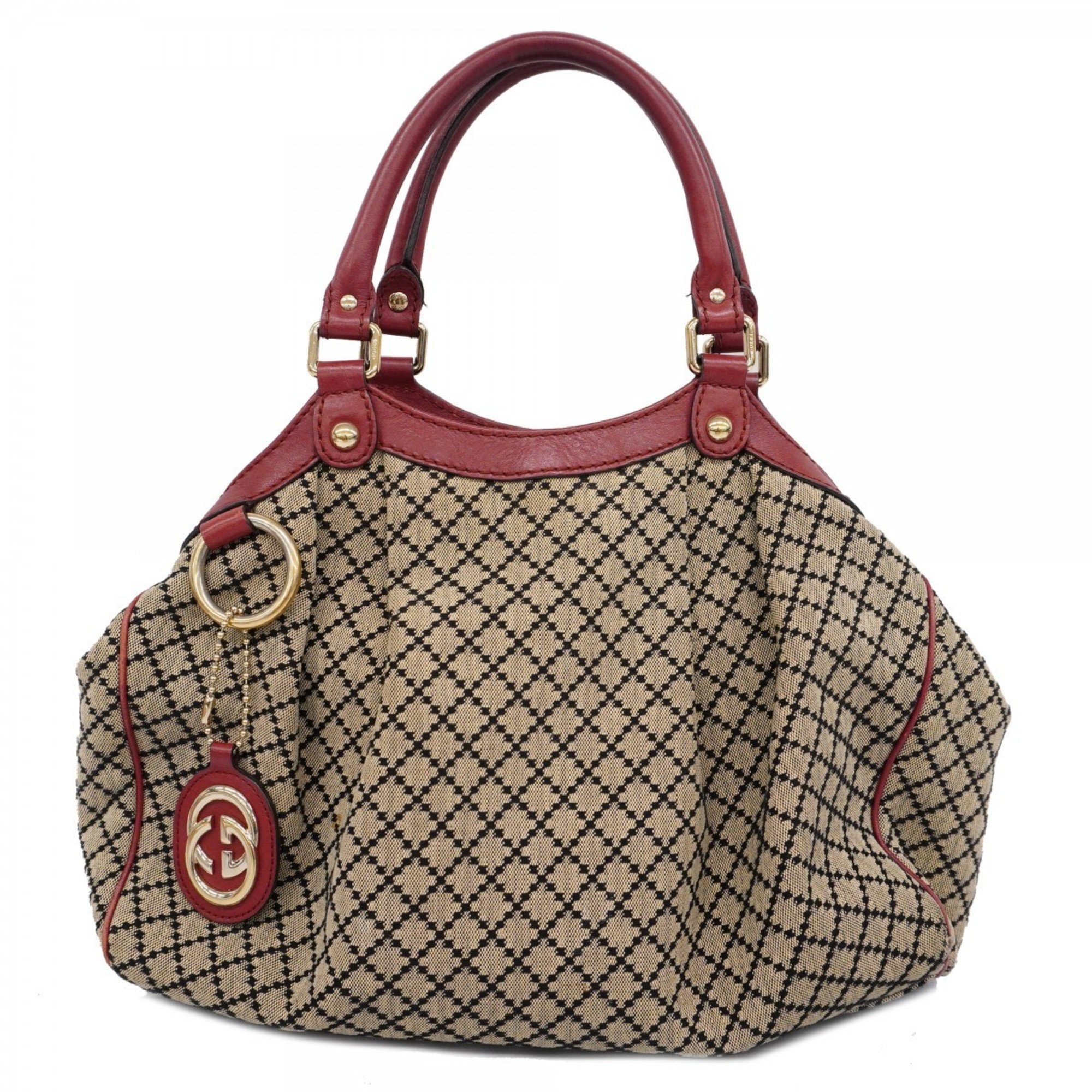 Gucci Tote Bag Diamante 211944 Canvas Beige Red Women's