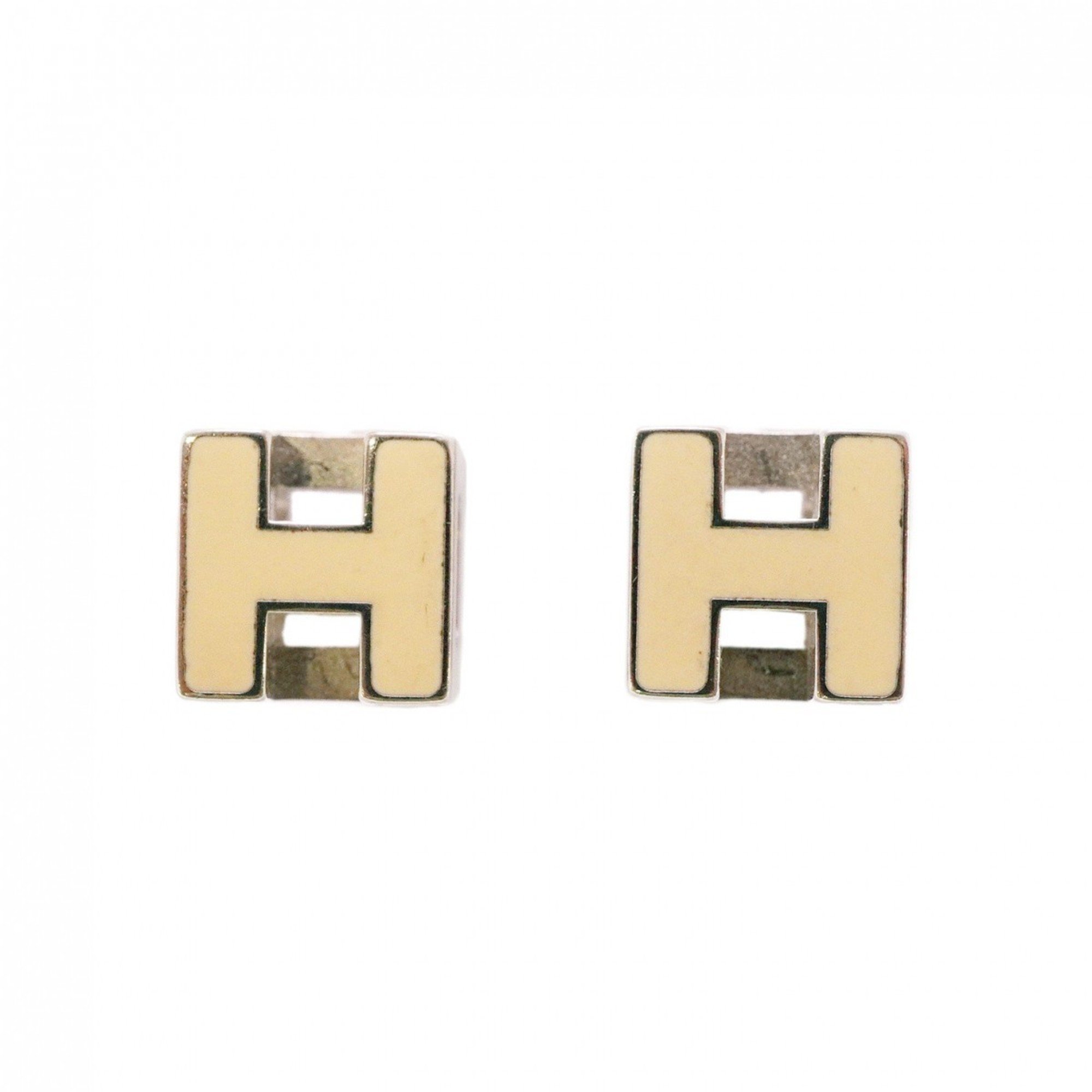 Hermes Earrings, Cage d'Ash, Metal, Silver, White, Women's