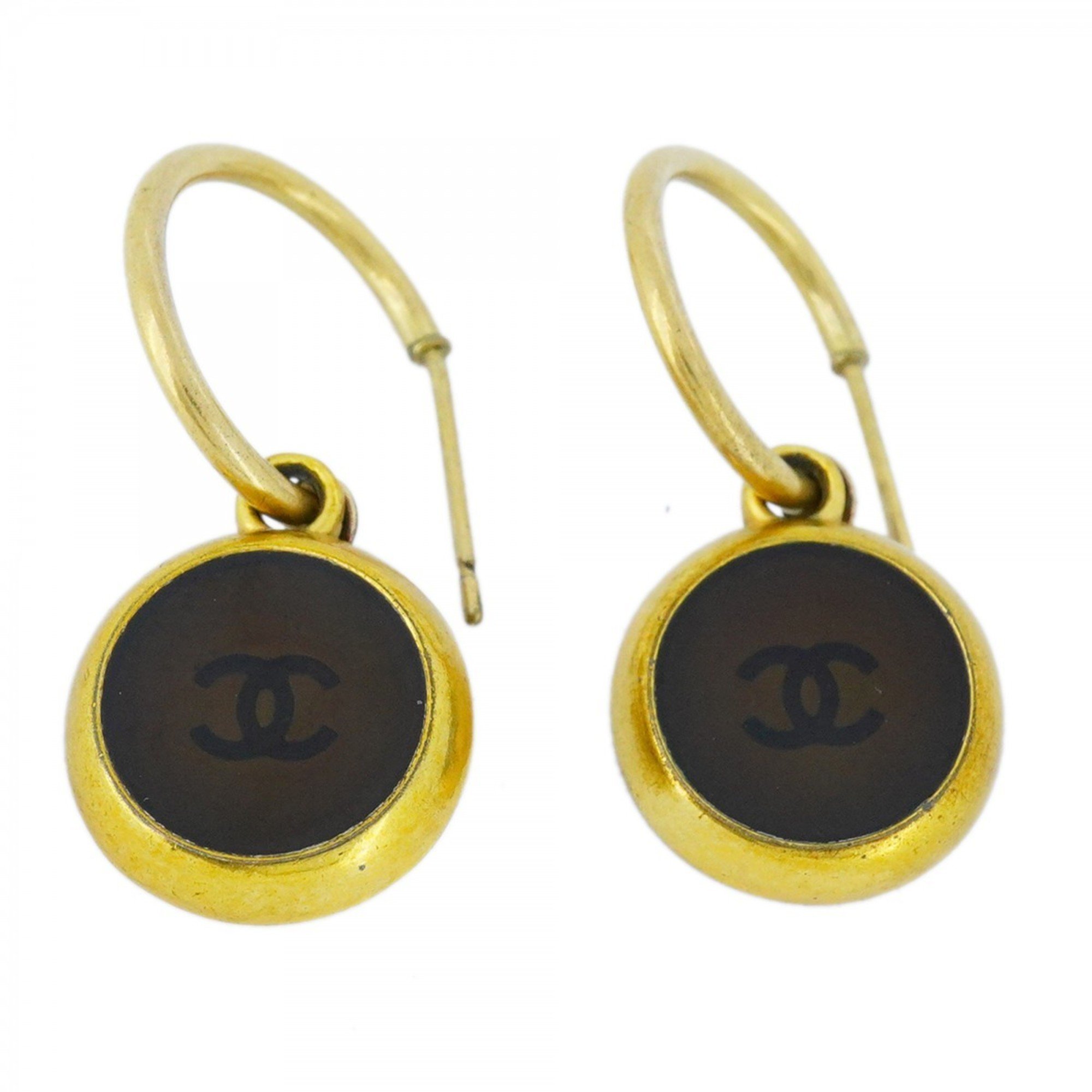 Chanel Earrings Coco Mark Circle GP Plated Gold Dark Brown Ladies