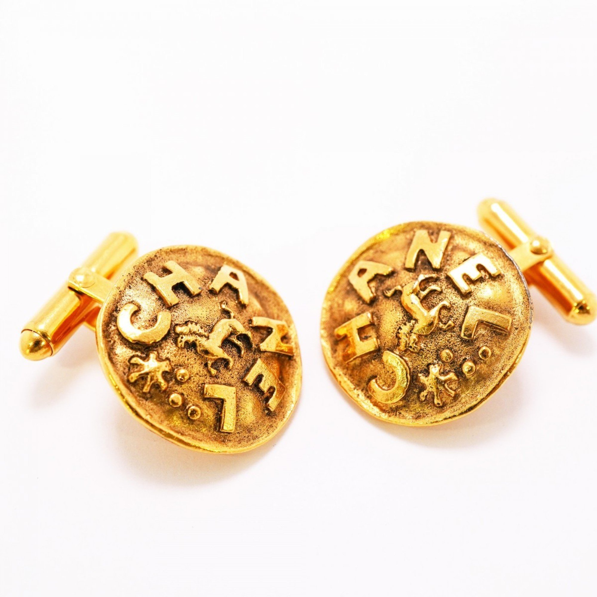 Chanel Cufflinks Circle Horse Motif GP Plated Gold Men's Women's