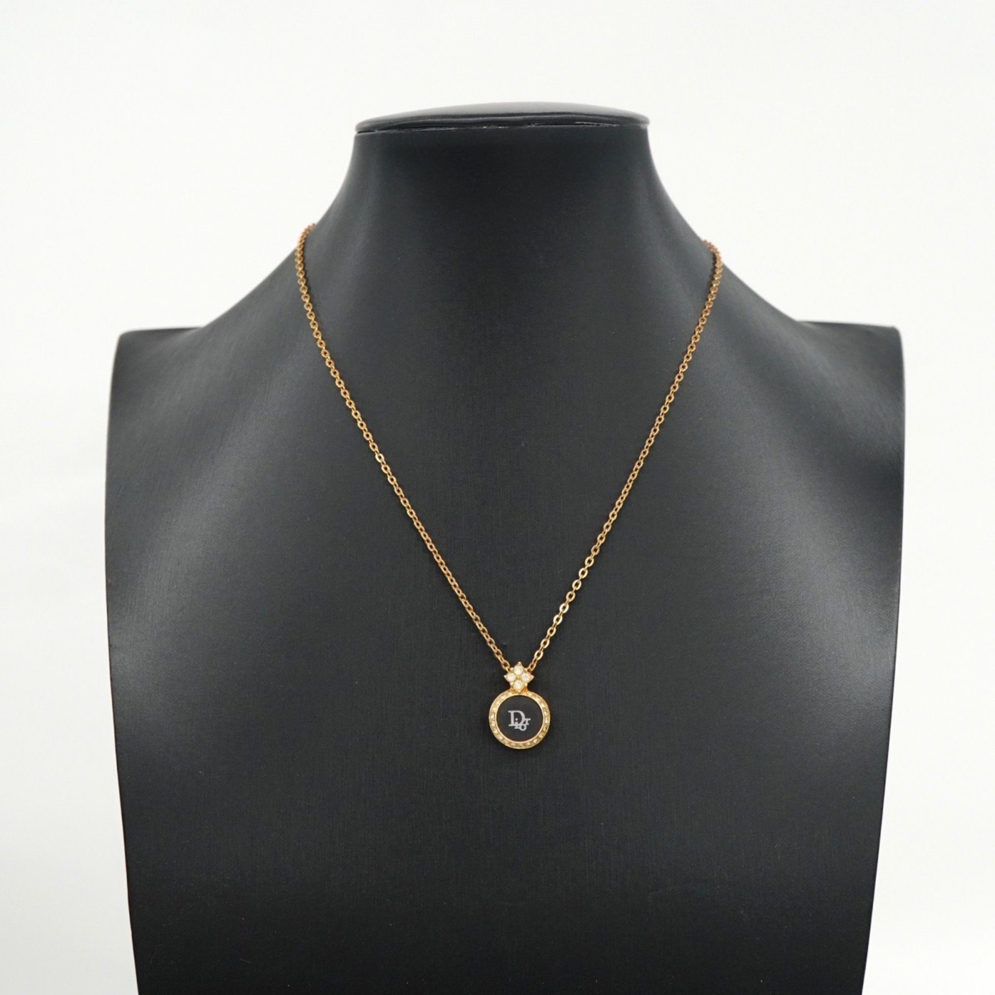 Christian Dior Necklace Circle Rhinestone GP Plated Gold Black Women's