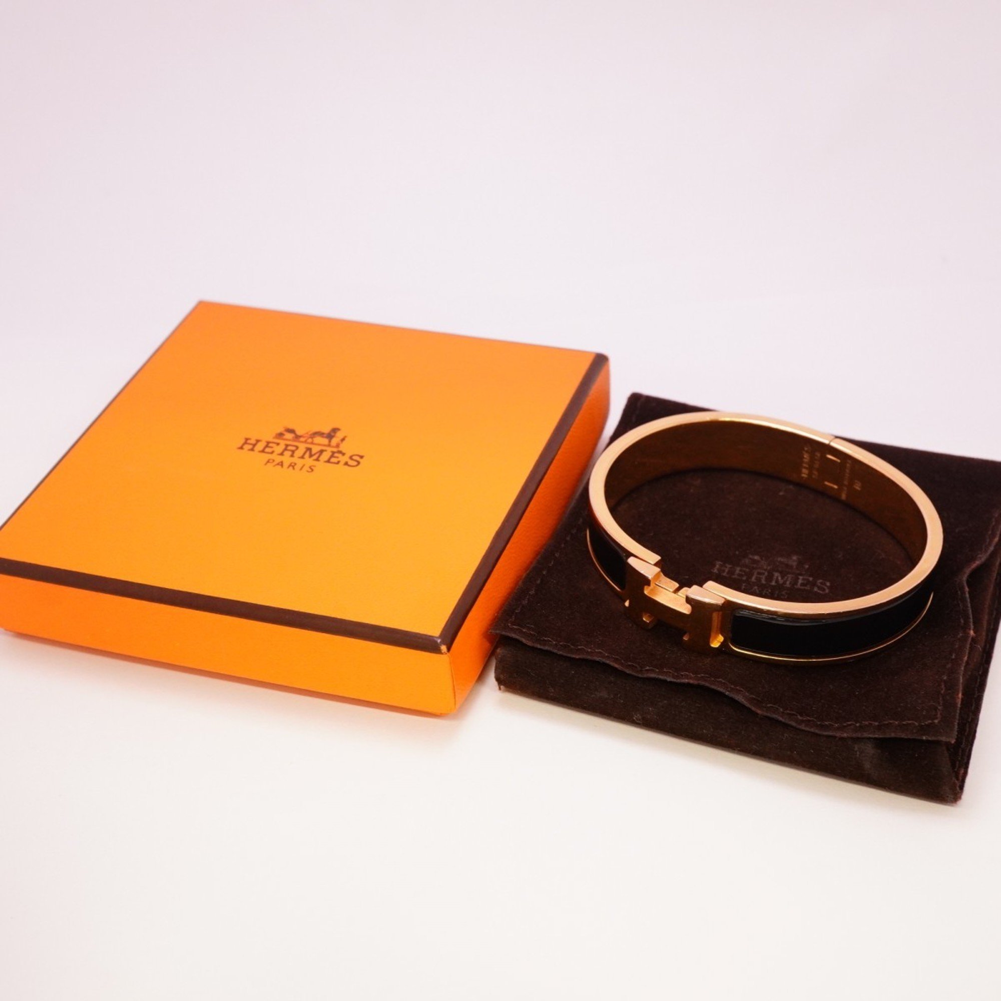 Hermes Bangle Click Clack PM GP Plated Gold Black Ladies