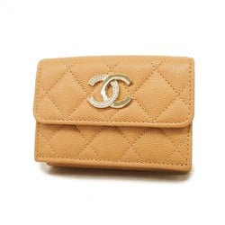 Chanel Tri-fold Wallet Matelasse Caviar Skin Beige Champagne Women's